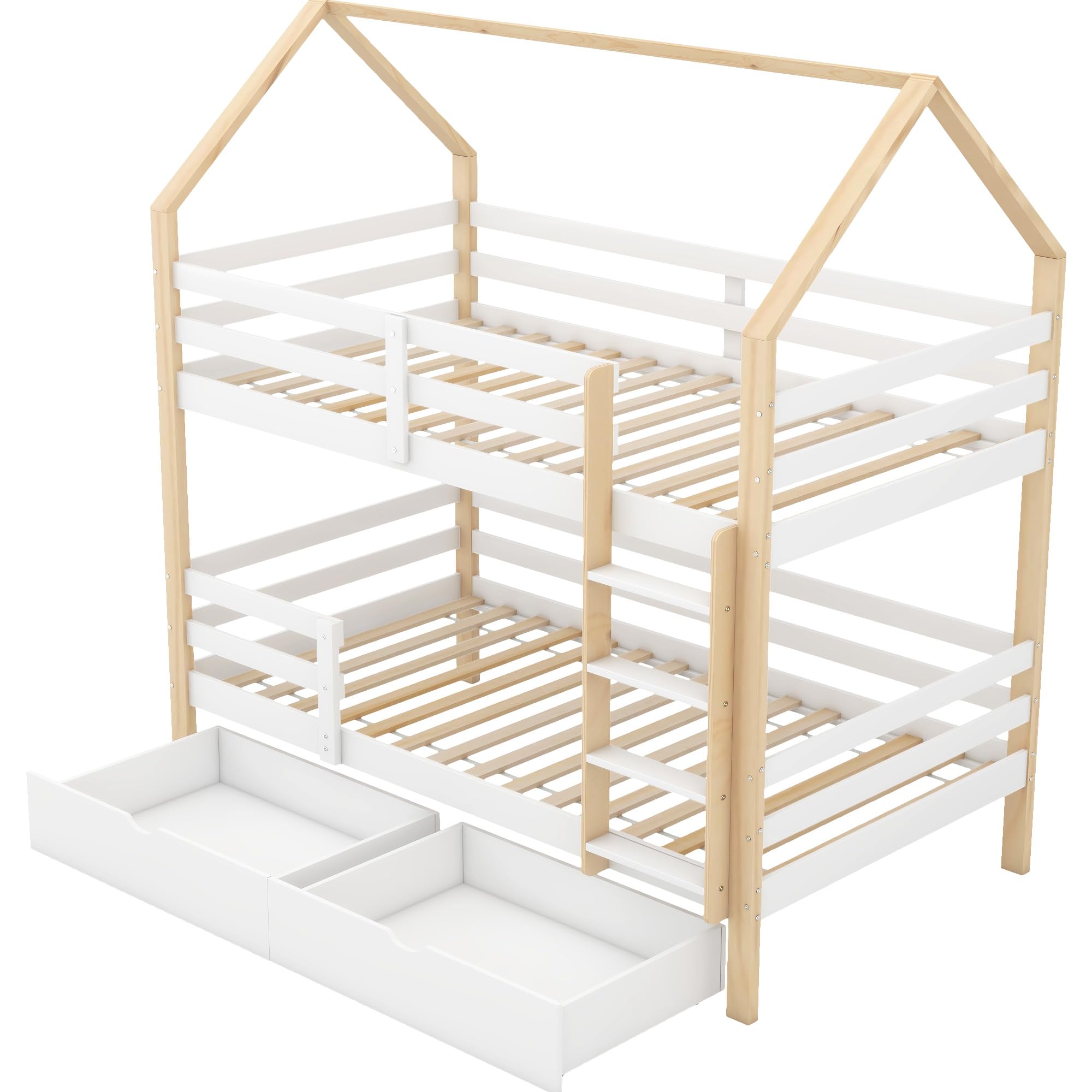 Merax Hochbett 90x200cm, Etagenbett mit Leiter & große Schubladen Stockbett für 2 Kinder mit Rausfallschutz und 2 Lattenrost, Kiefernholz Kinderbett Jugendbett, Doppelbett Hausbett, Holzfarbe & Weiß