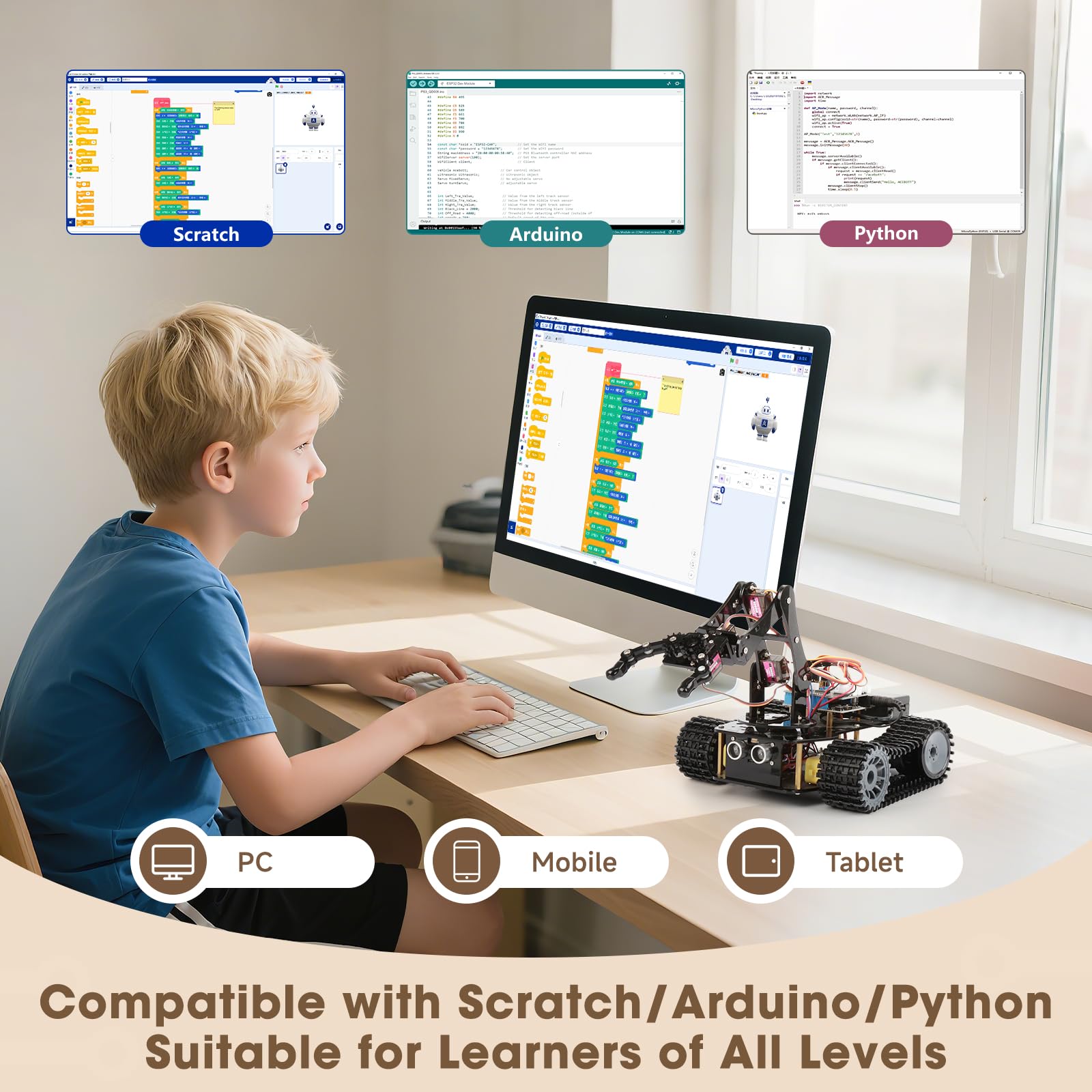Robotik für Kinder ab 12 Jahren,ACEBOTT 4-in-1-Smart-Roboterarm mit 5DOF + Panzerfahrzeug,Spielzeug-Programmier-Set kompatibel mit Arduino und Scratch,App und Fernbedienung,für Kinder und Jugendliche