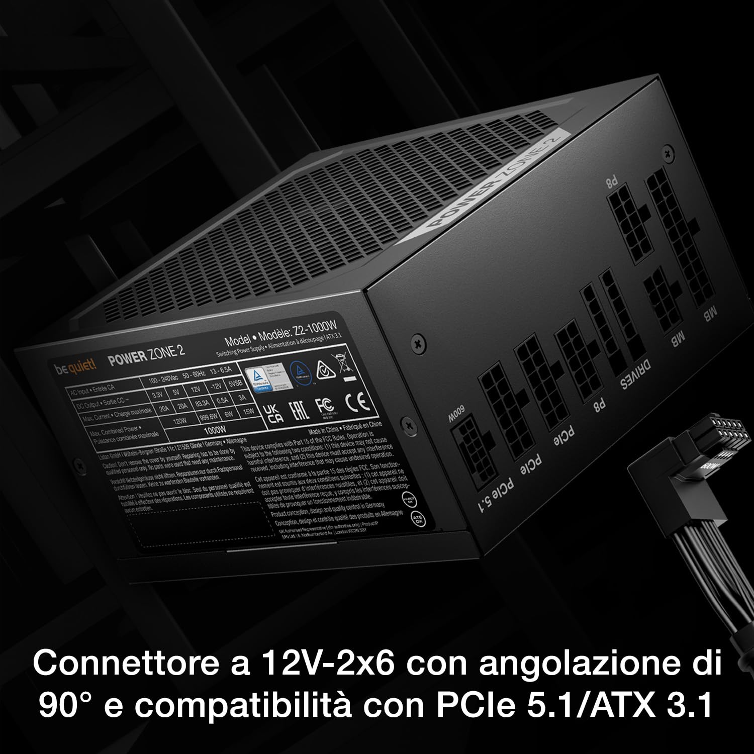 be quiet! Power Zone 2 1000W Alimentatore, Certificazione 80 Plus Platinum e Cybenetics Platinum, Raffreddamento semi-passivo, Ventola Pure Wings 3 da 140mm, angolato a 90° 12V-2x6, PCIe 5.1/ATX 3.1
