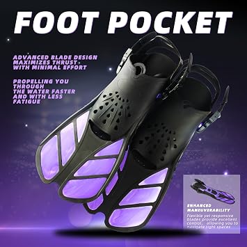 Snorkel Fins, Swim Fins,Travel Size Short Swim Fins for Snorkeling Diving Swimming Adult Men Womens Adjustable Buckles Open Heel Swim Flippers