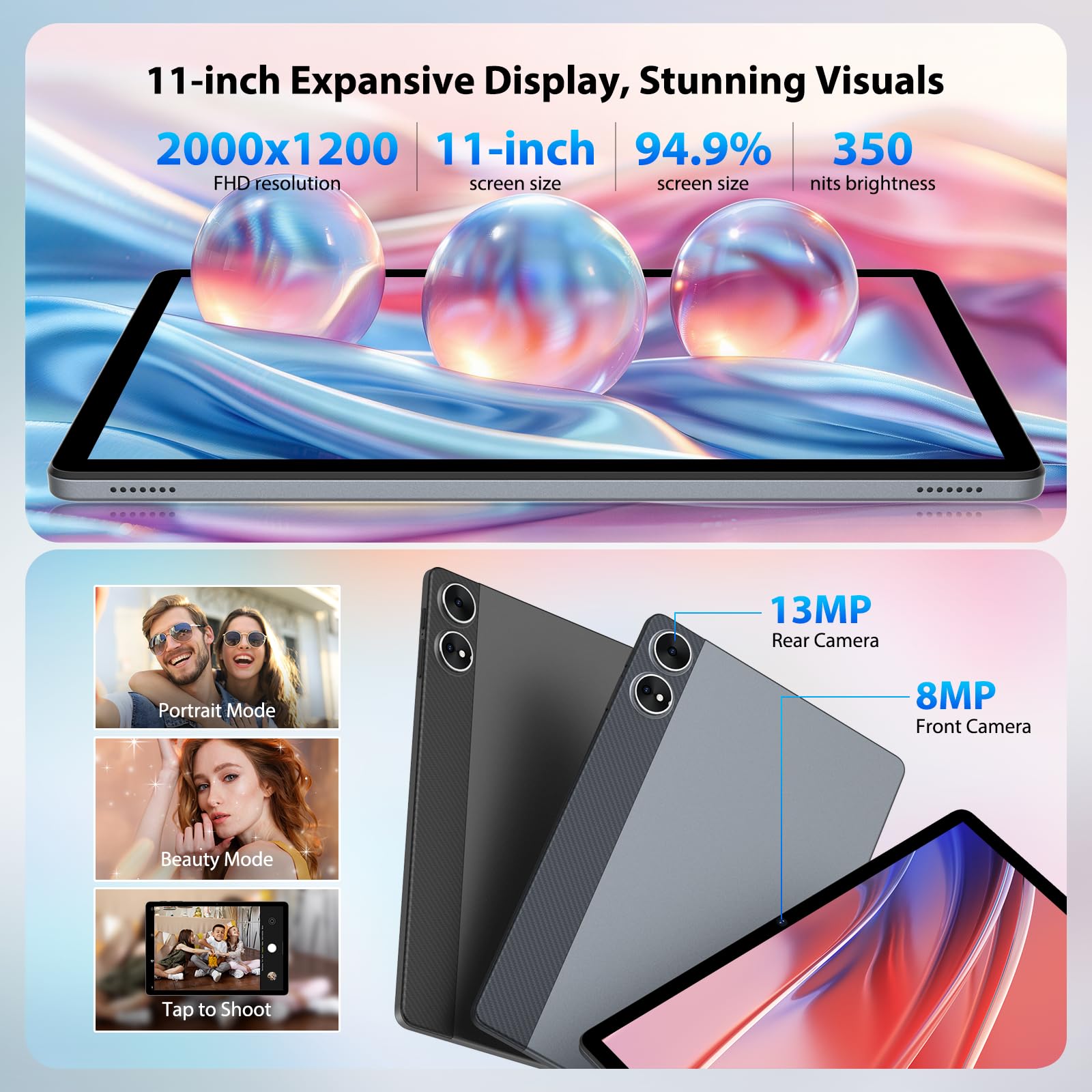 Tablette 11 Pouces Android 15 Tablette Tactile avec 4G LTE/5GWLAN,36GB+512GB/OctaCore/9580mAh/13MP+8MP/GMS,Étui,Tablet avec Clavier,Noir