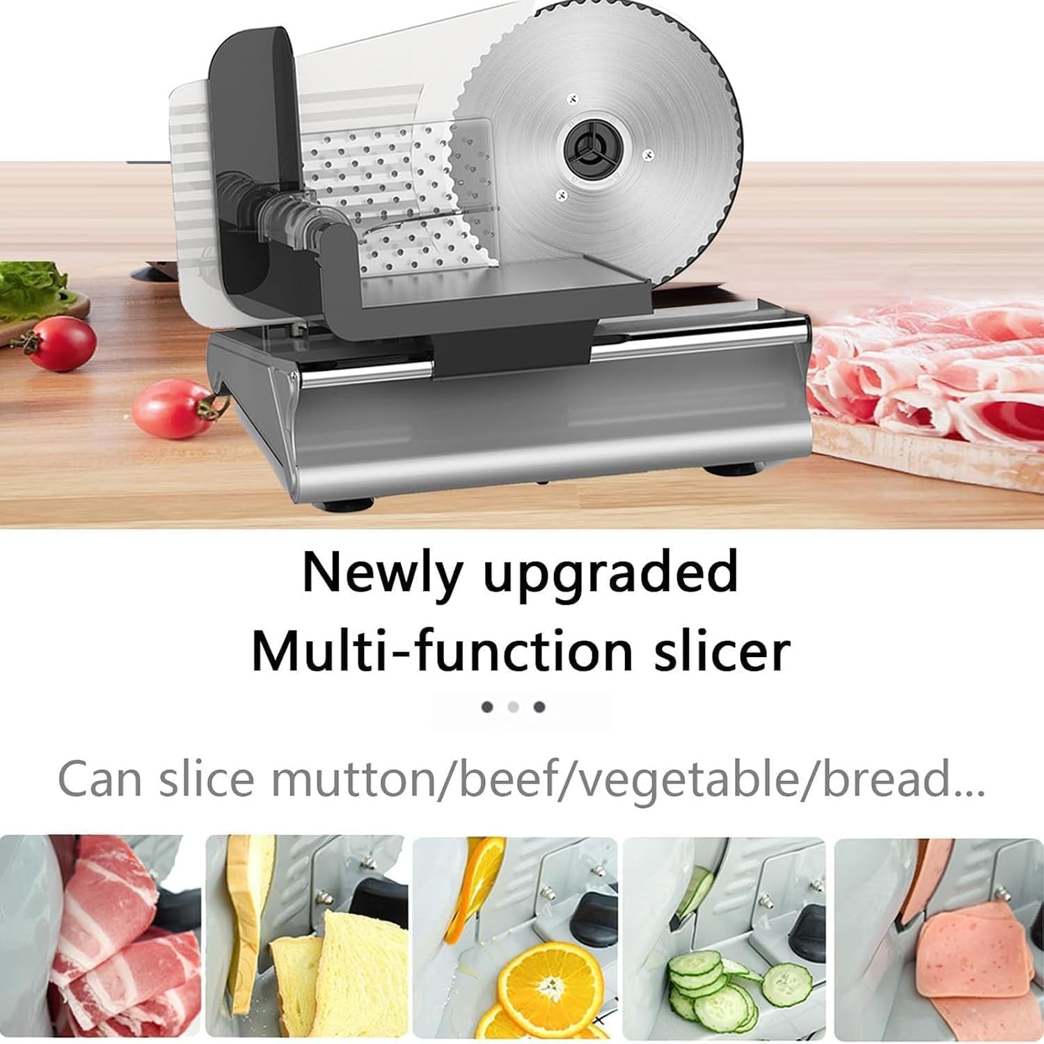 Cortadora De Carne Eléctrica, 500 W, Grosor Ajustable De 1 A 15 Mm, Cuchilla Dentada De Acero Inoxidable De 19 Cm, Para Cortar Carne, Pan, Queso Y Embutidos.