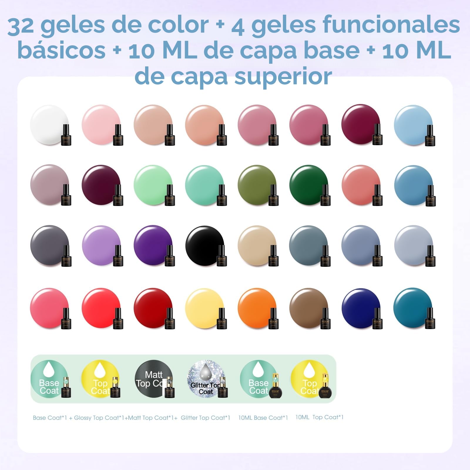 ROSALIND Uñas Semipermanentes Kit Completo Lámpara 48W, 32+4 Piezas Kit Uñas Semipermanentes Blanco Verde Morado Azul Marrón Gris Pintauñas Gel Manicura Regalo