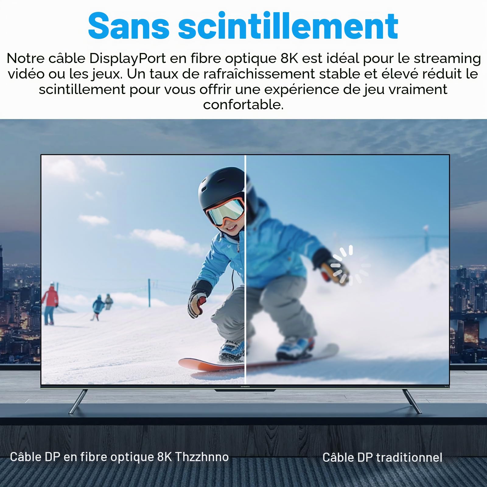 Câble Fibre Optique DisplayPort 4K 8K 30M, DP vers DP 1.4 8K@30Hz 4K@120Hz/144Hz, 2K@165Hz, 32.4Gbit/s Compatible HDR, G-Sync FreeSync pour Ordinateur Portable, PC, Moniteur