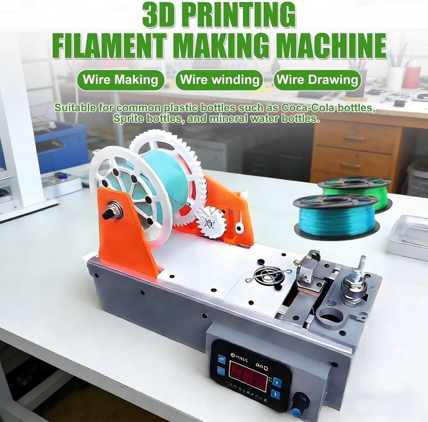 Ekstruder do filamentu 3D i recykler butelek PET, automat jednym przyciskiem z dokładnością ±0.05mm i wyświetlaczem LCD, stołowy wytwórca filamentu do DIY, edukacji i zrównoważonego druku 3D,Orange