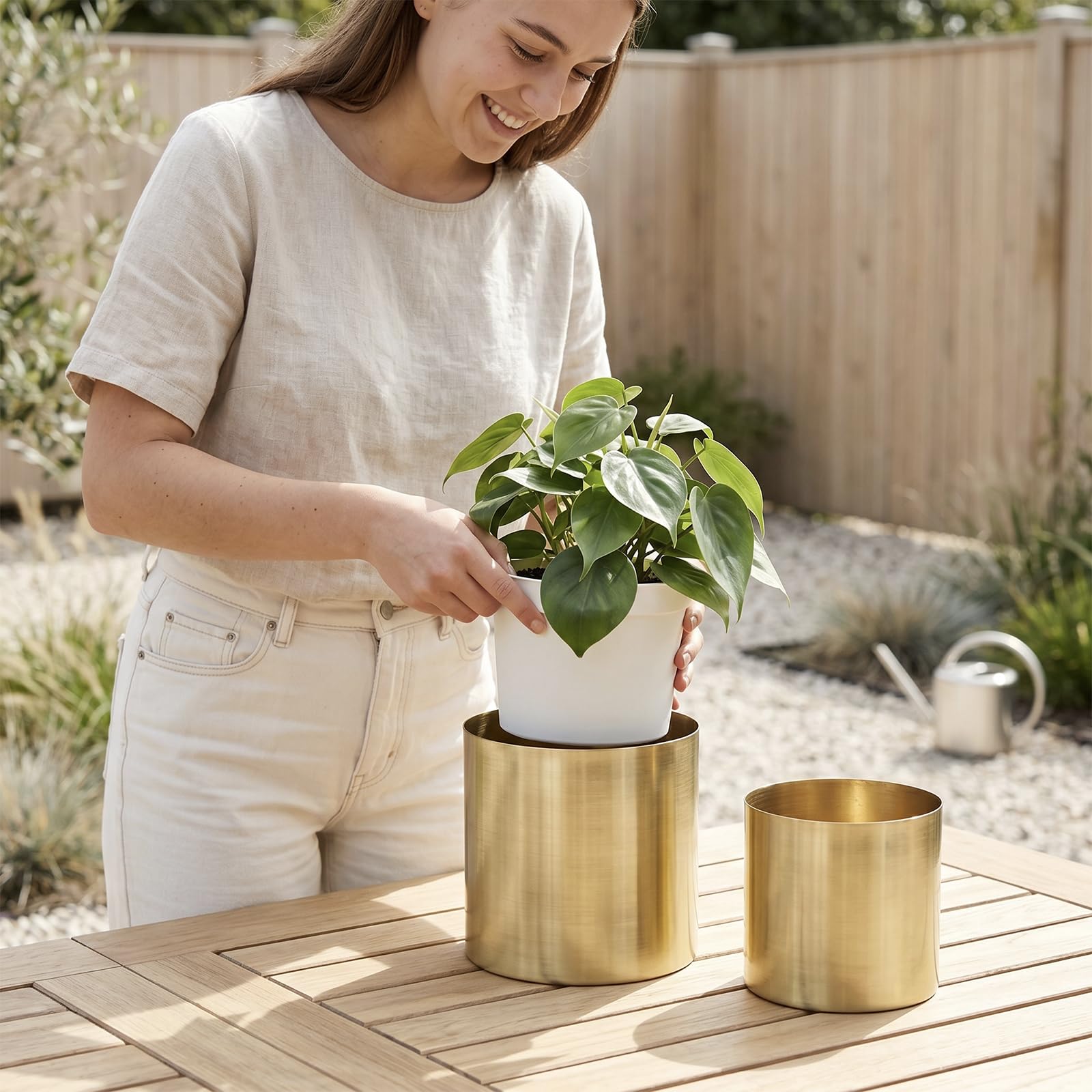 MyGift Modern Brushed Brass Plated Indoor Plant Pot, Cylindrical