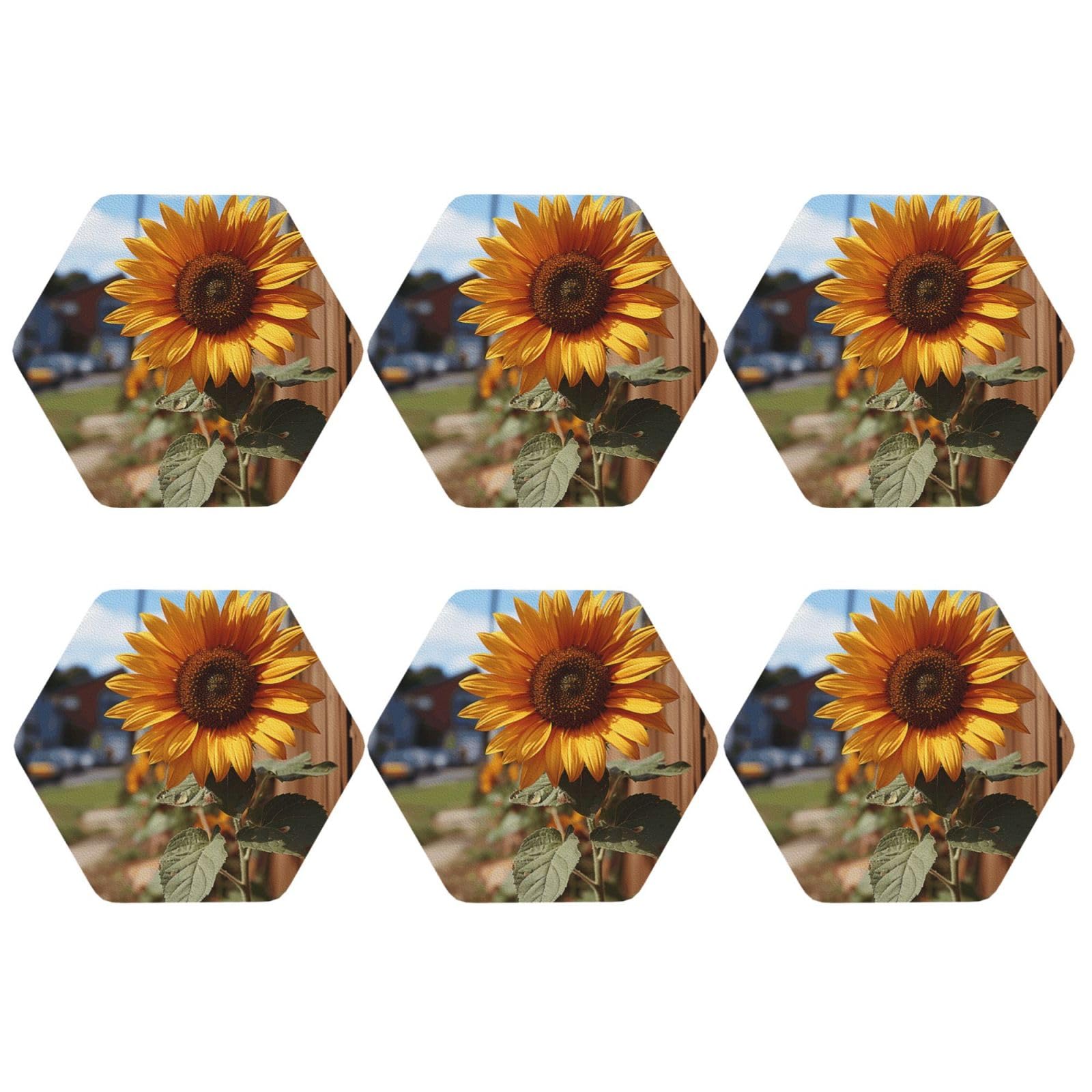 6pcs Leather Coasters for Drinks, Farm Sunflower Drink Coasters for Tabletop Protection, 4" Cup Coasters for Coffee Table Decor, Non-Slip Drinking Cup Mat for Hot Or Cold Drink