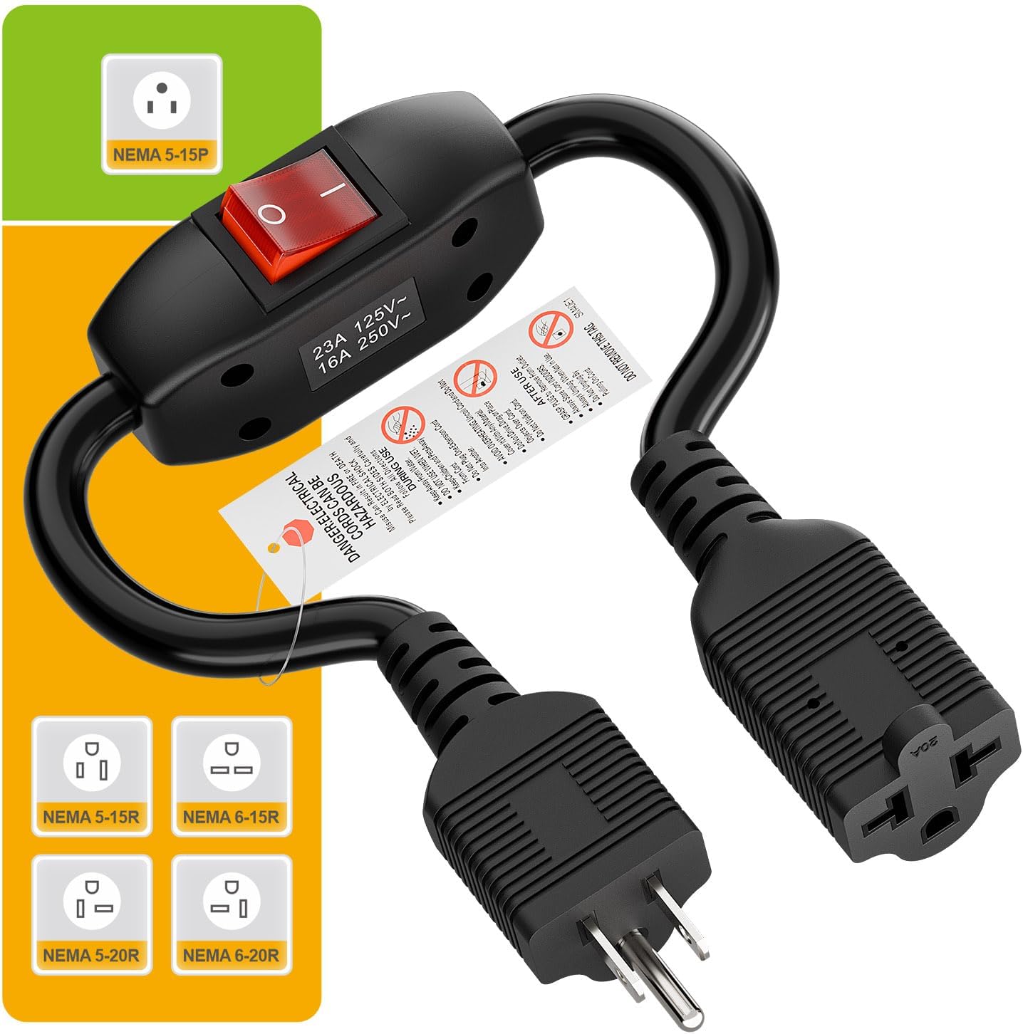 Heavy Duty 4-in-1 On/Off Switch Extension Cord 12-AWG 15A Household Plug to 20A T Blade Adapter Cable with Heavy Duty Double Break 23A 125V Inline Switch, L=40CM