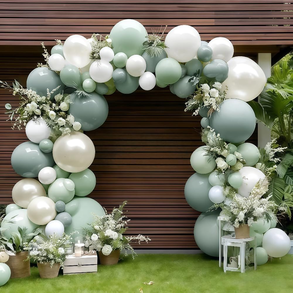 Sage Green White Balloon Garland, Double Stuffed Dusty Green Sand White Pearl Balloons Pastel Balloon Arch Kit for Baby Shower Birthday Bridal Wedding Gender Reveal Graduation Party Decorations