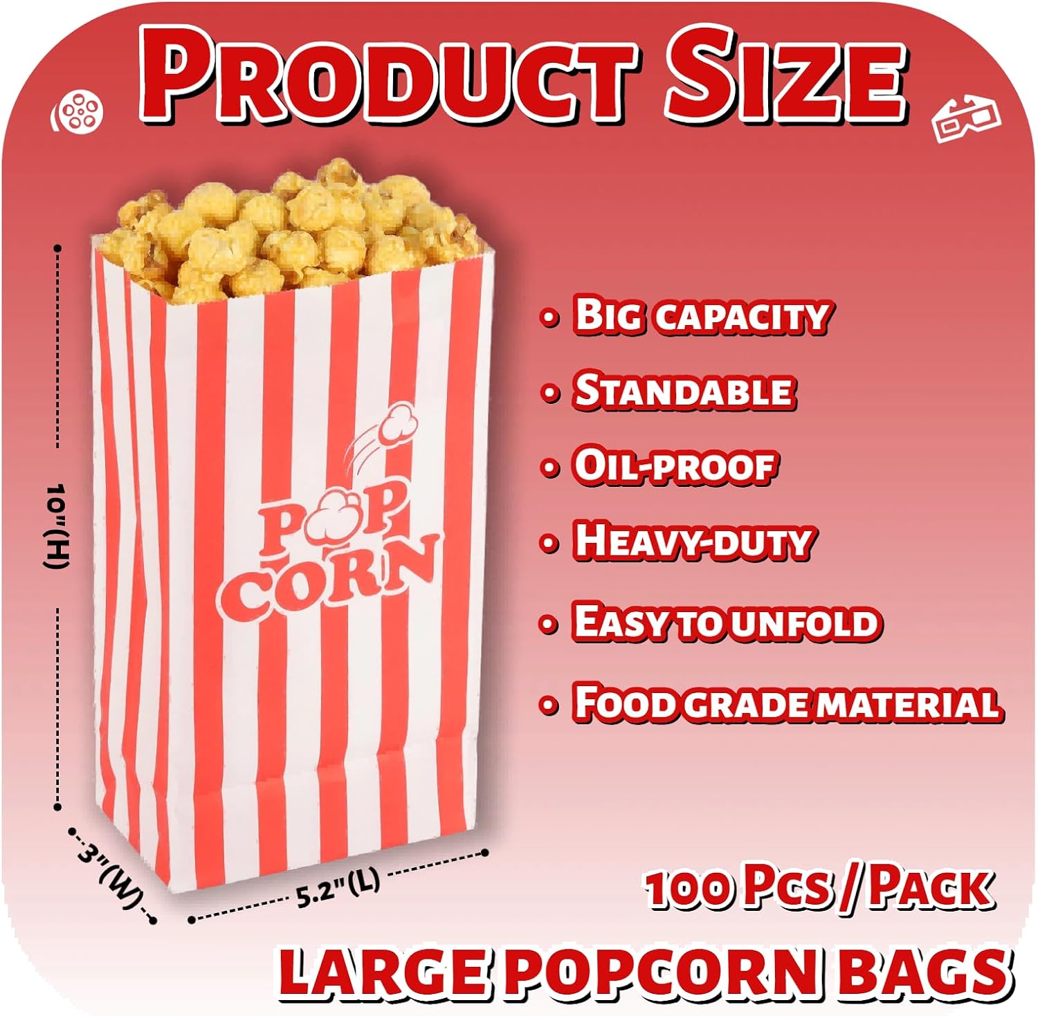 85oz Large Paper Popcorn Bags, Popcorn Individual Bag for Family Party, Big Snack Bags For Movie Night Supplies - Red White Stripe - 100Pcs/Pack