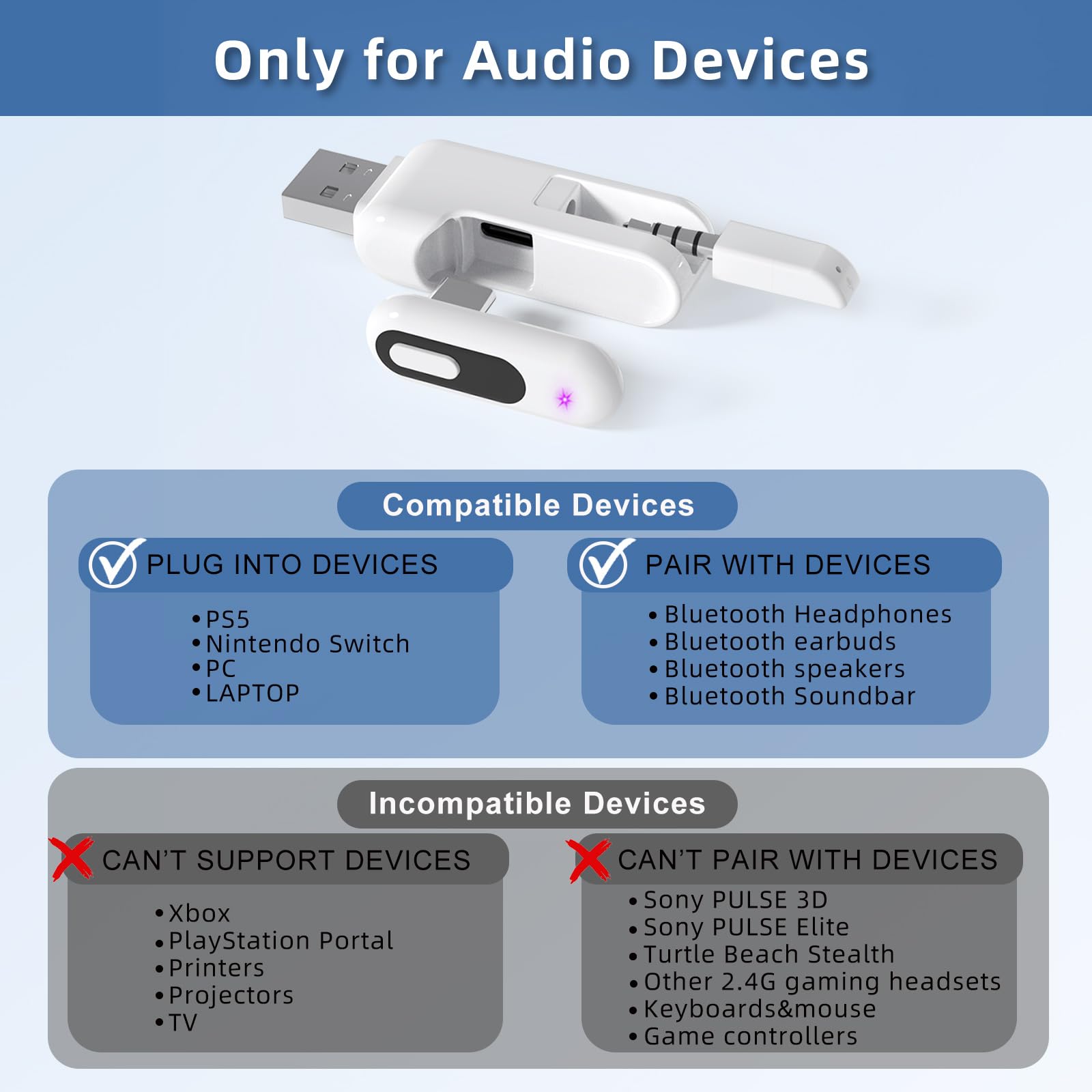 Adaptateur Bluetooth USB-C pour PS5, adaptateur audio Bluetooth USB-A 2 en 1 pour PS5 avec aptX-Adaptive et faible latence, émetteur audio sans fil pour connecter des écouteurs Bluetooth et