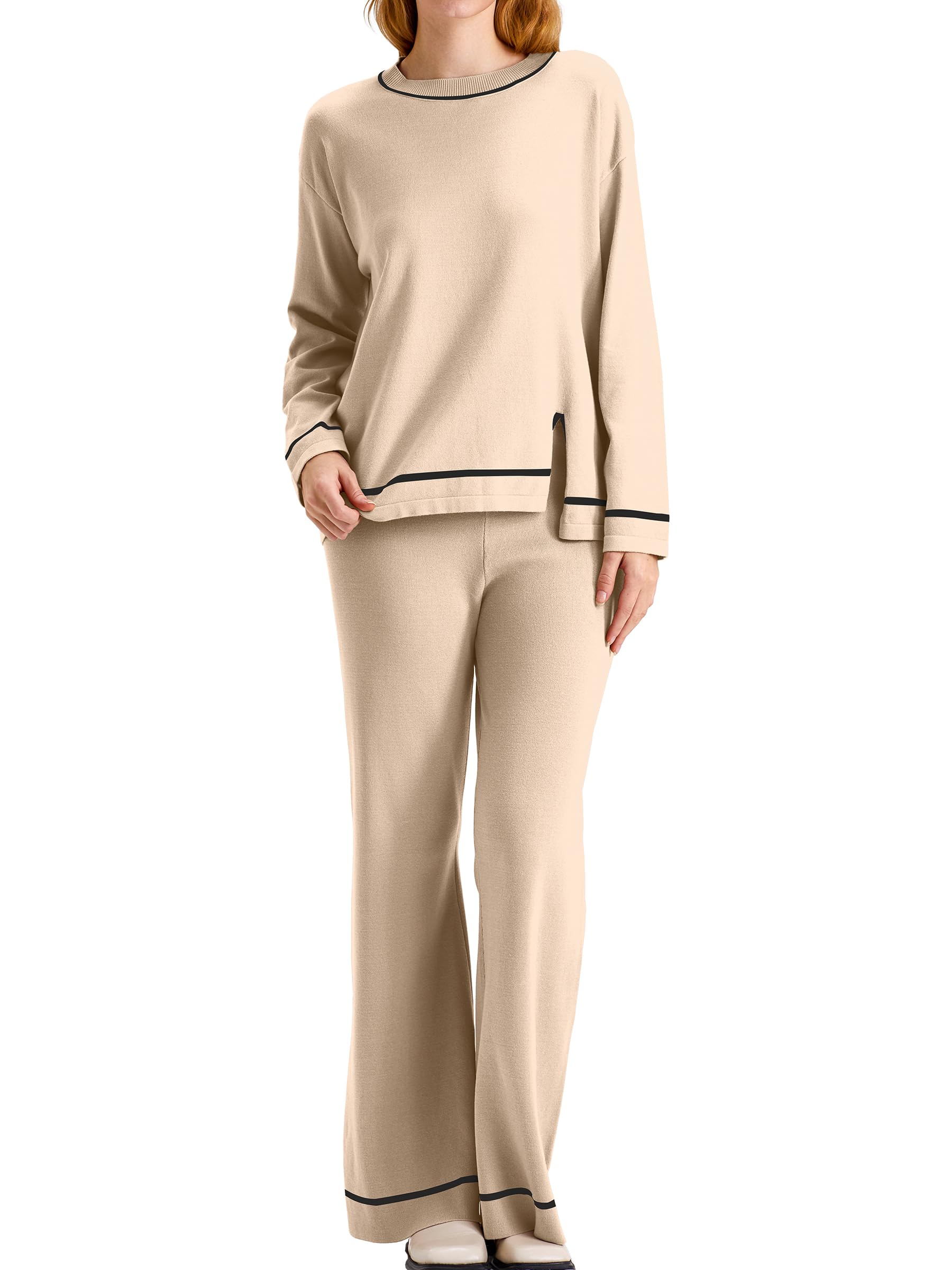 I2CRAZY Sweater Set for Women 2 Piece Long Sleeve Round Neck High Waist Wide Leg Lounge Wear Sets