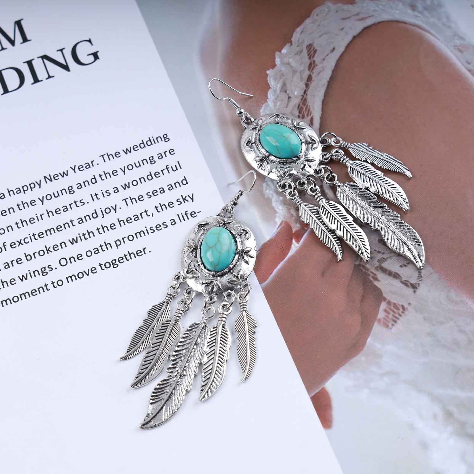 Inilbran Boho Turchese Foglia Goccia Orecchini Argento Tribale Piuma Nappe Orecchini Vintage Turchese Foglia Penzolare Gancio Orecchini Etnici Turchese Orecchini Gioielli Per Le Donne E Le Ragazze