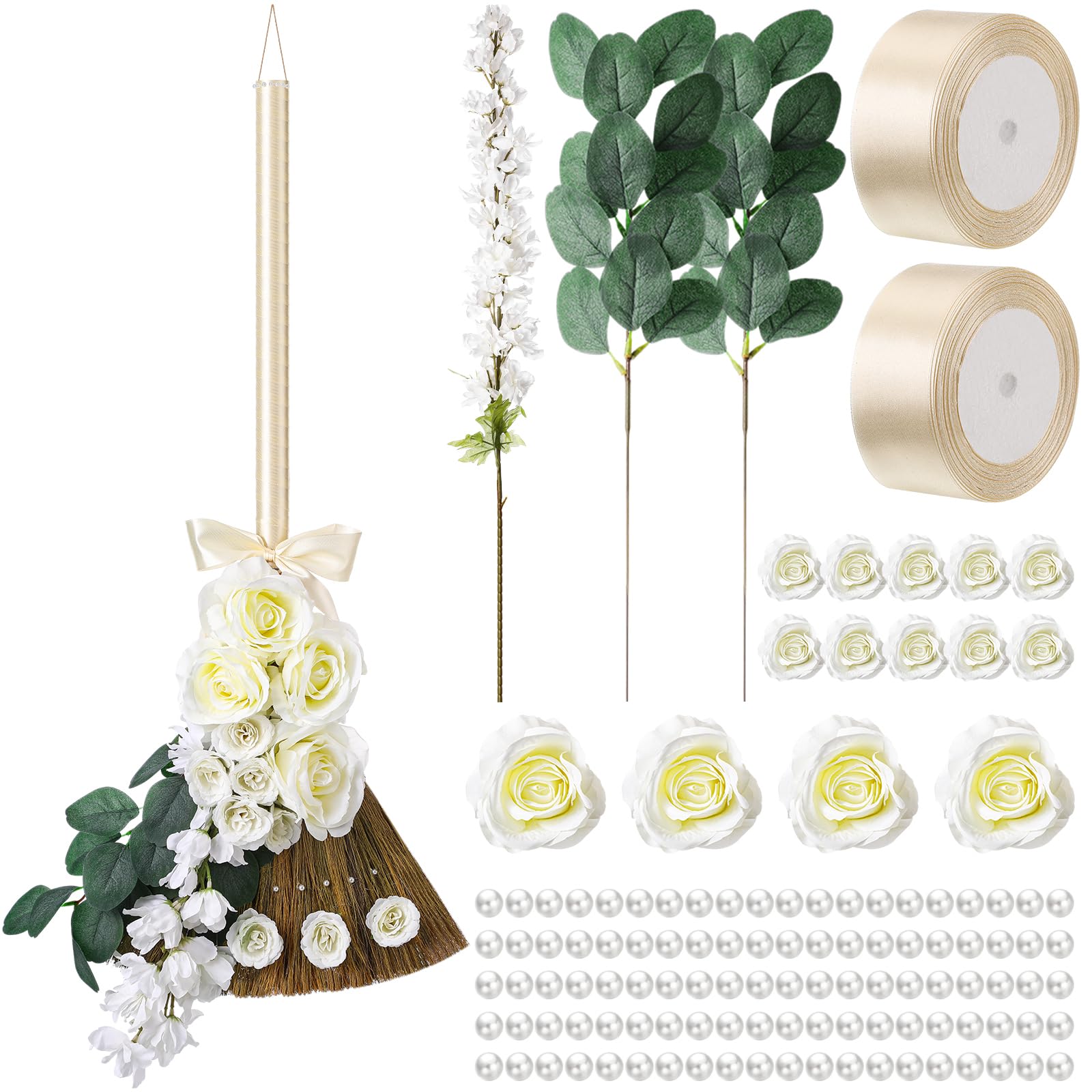 Yungyan Wedding Brooms for Jumping Ceremony Bride Bridegroom DIY Whisk Brooms 11.81 x 25.2 in with Ribbons Artificial Pearl Eucalyptus Leaves Roses