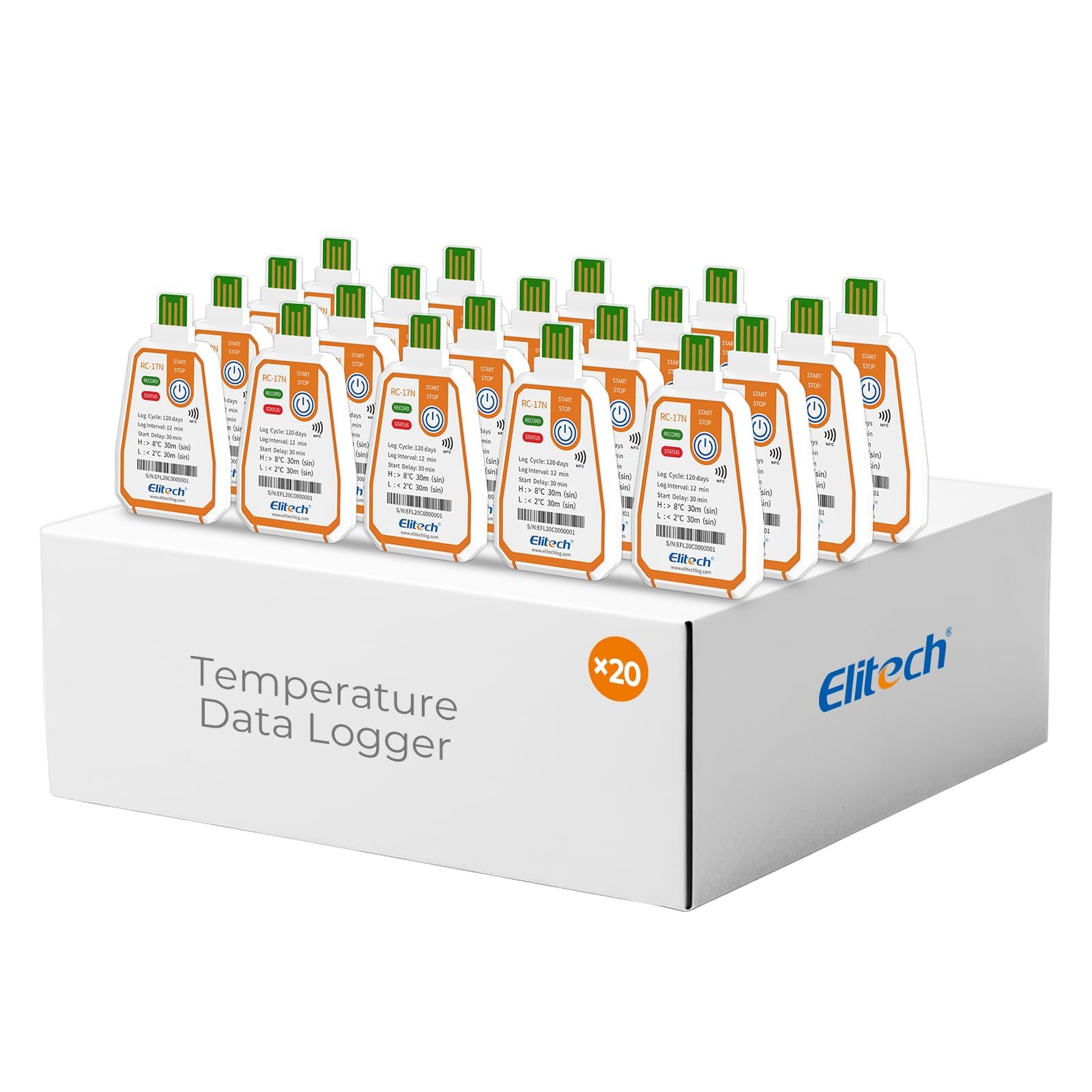 Elitech 20Pack USB/NFC PDF Data Logger Recorder Single-use Disposable, up to 120 Days Transportation, Temperature Monitoring Report -22～158℉ RC-17N