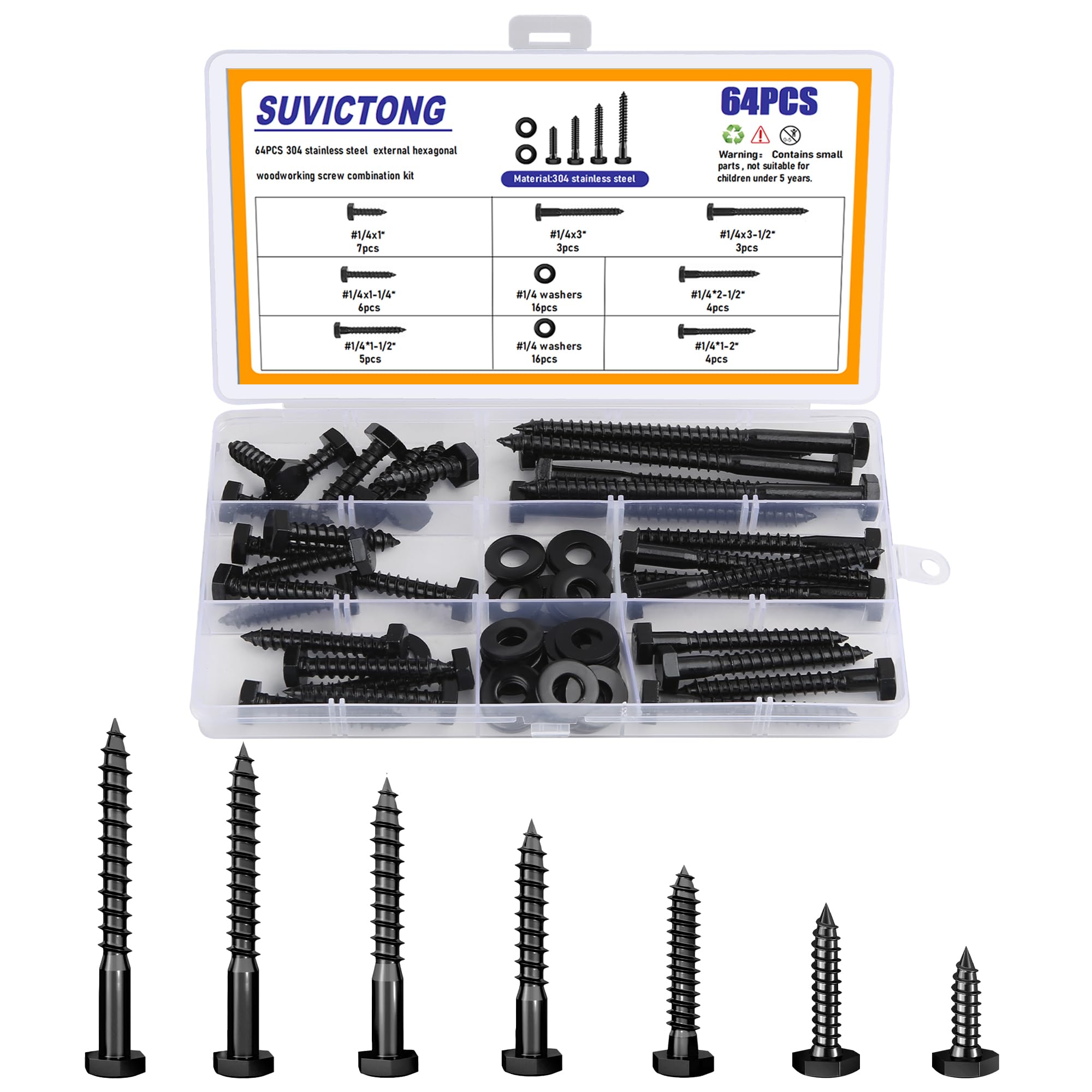 6,35 mm Sechskant-Schrauben Unterlegscheiben-Sortiment, 64-teilig, robuste Holzschrauben, 2,5 cm, 3,8 cm, 3,8 cm, schwarz, Edelstahl 18-8 (304 Stück) )