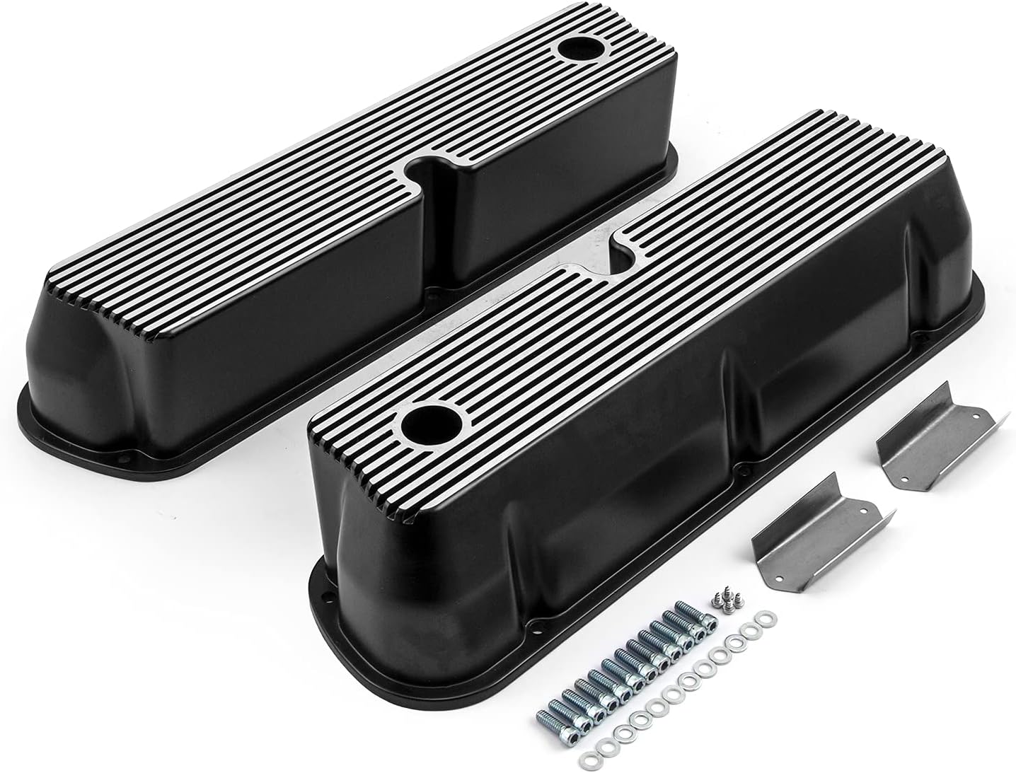 Speedmaster PCE314.1083.06 Compatible with Ford SB 289 302 351 Windsor Black Aluminum Ribbed Valve Covers Tall w/Hole