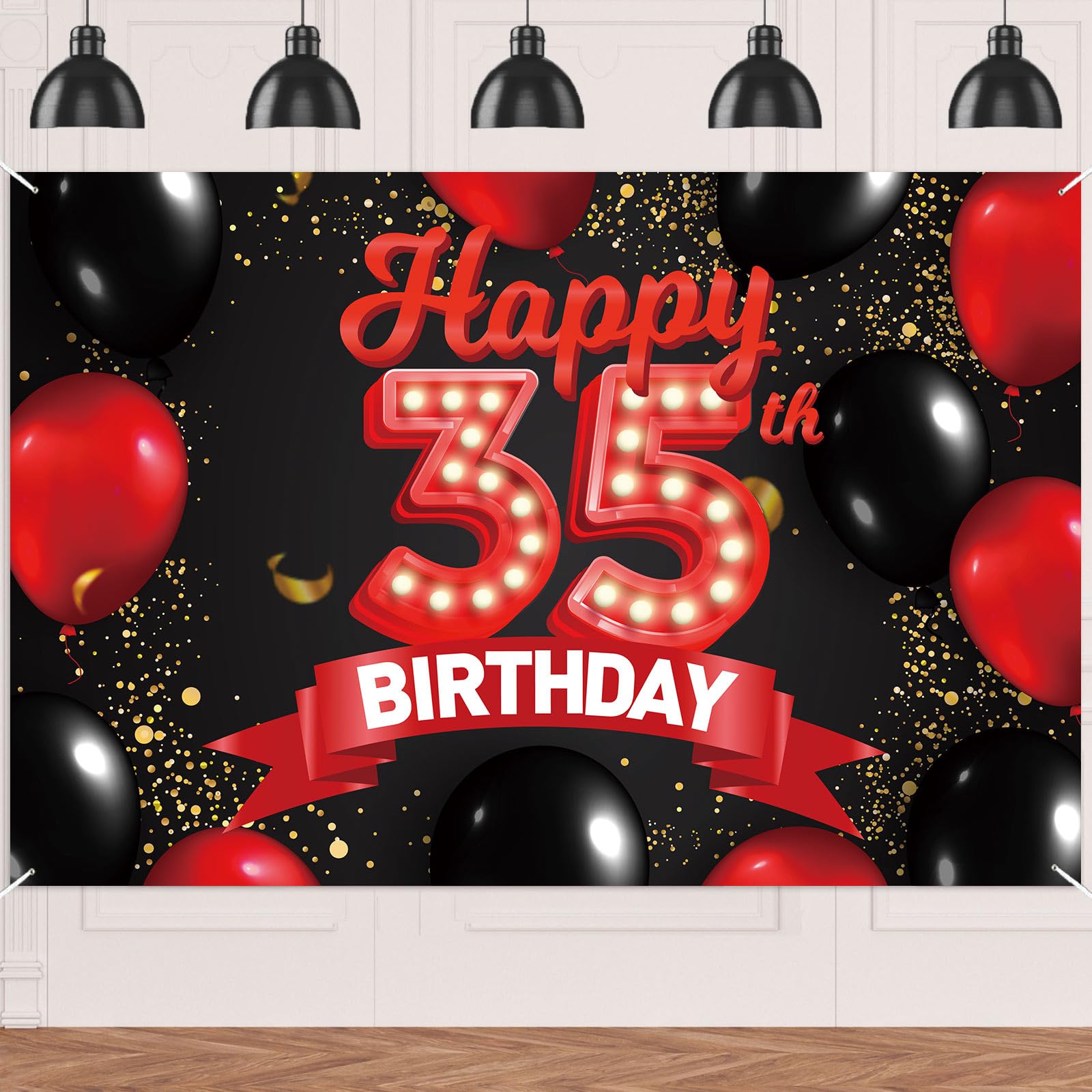 Happy 35th Birthday Red and Black Banner Backdrop Decorations Balloons Theme Decor for Girls Women Princess 35 Years Old Birthday Party Bday Photo