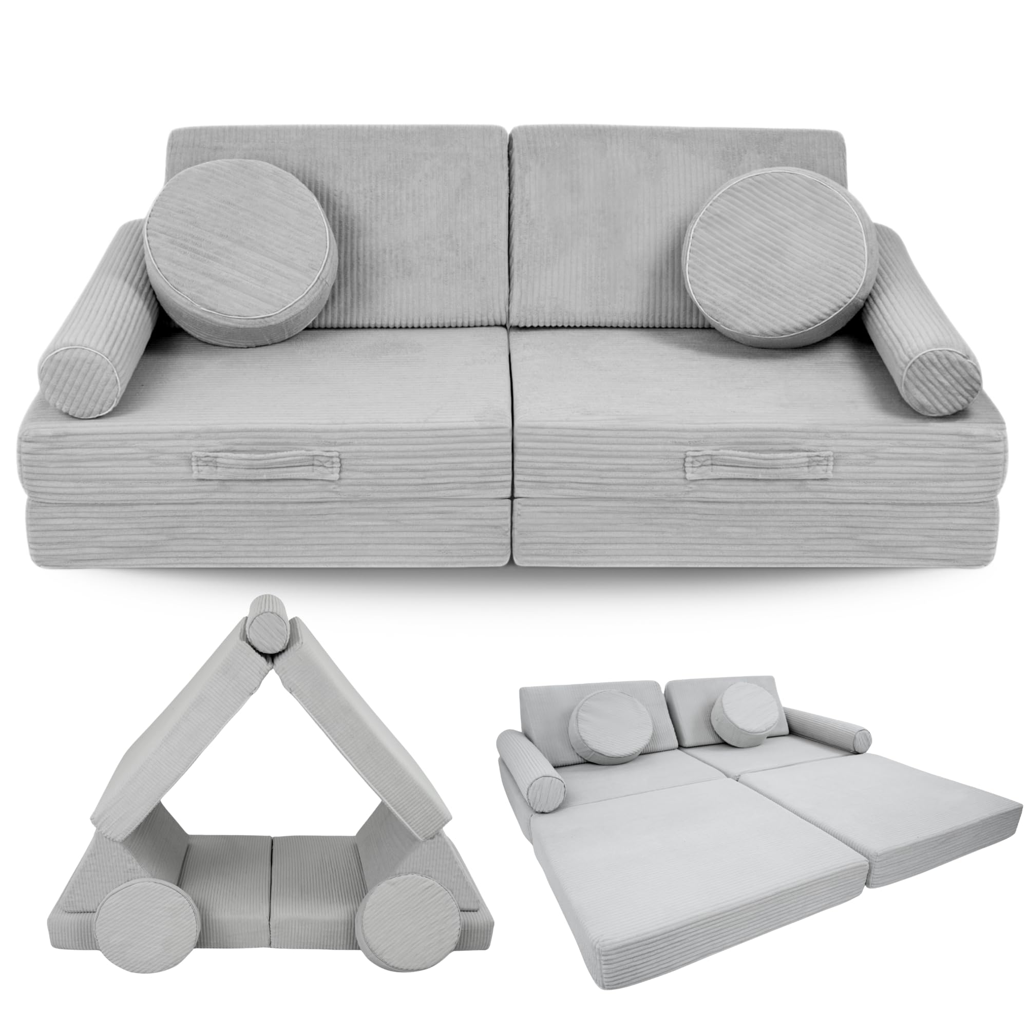 Flumi Sofa dziecięca, 10-częściowa, do pokoju dziecięcego, z nadającymi się do prania pokrowcami, możliwość spersonalizowanego imienia (sztruksowa szara)
