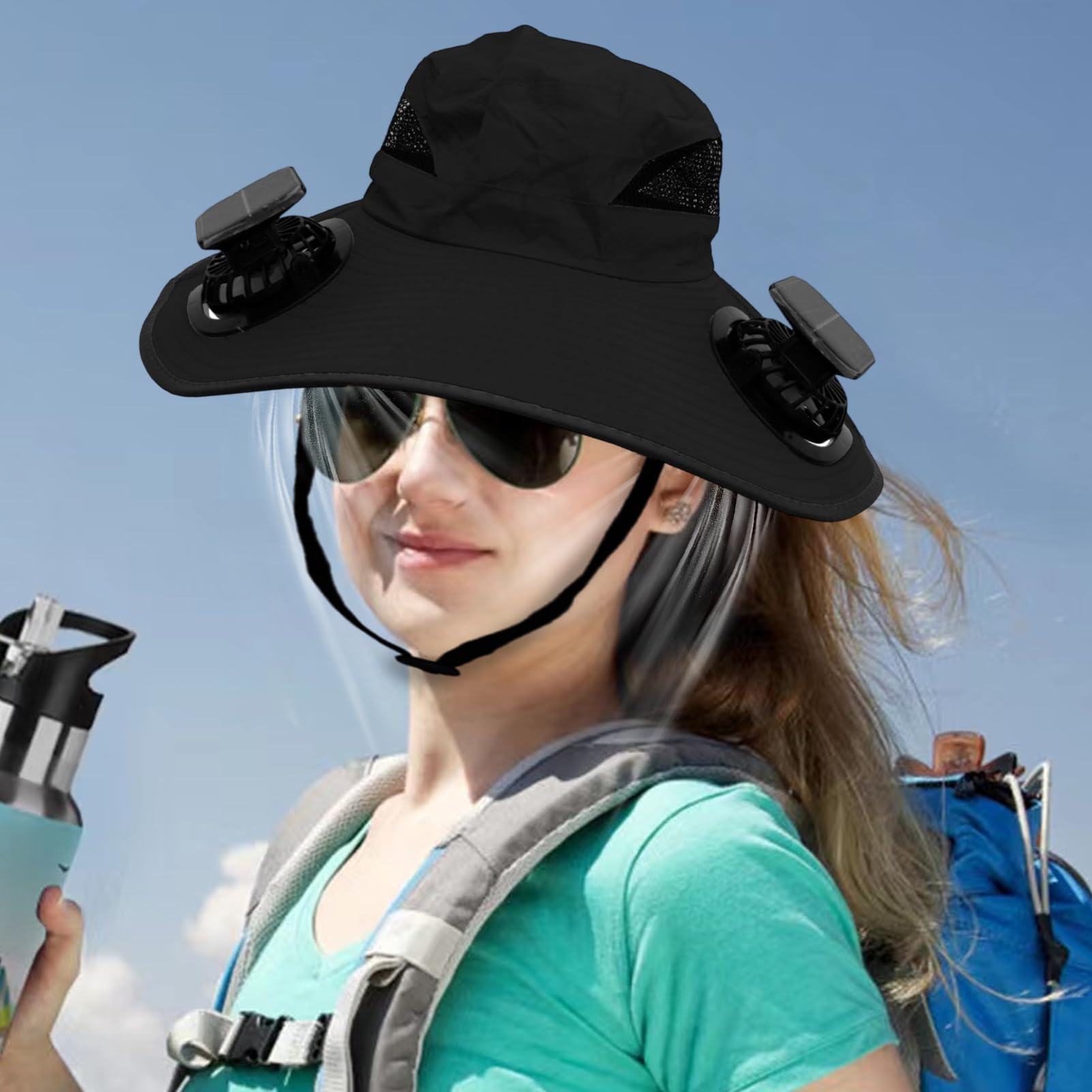 Generisch Sombrero de ventilador de enfriamiento - UPF 50+ Sombrero de sol con ala ancha y 2 ventiladores solares - Sombrero de cubo portátil transpirable de refrigeración unisex al aire libre Viajes