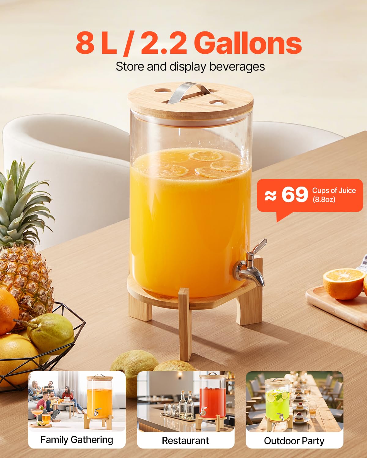 VEVOR Distributore di Bevande 8 L per Feste, Contenitore di Succhi in Vetro con Supporto in Legno con Rubinetto in Acciaio Inox, Distributore di Tè Freddo, Limonata per Ristoranti, Hotel e Feste