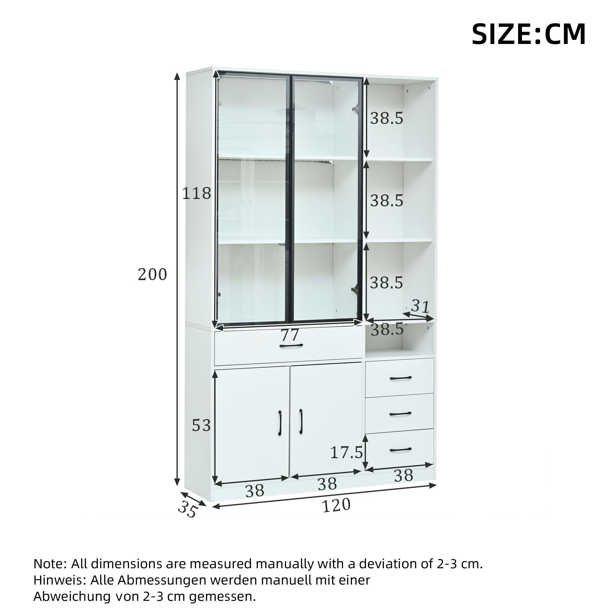 Kebnor Armario alto con vitrina de cristal y LED, estantería para libros con 13 zonas de almacenamiento, 4 cajones y puertas, armarios de almacenamiento, armarios de almacenamiento, adecuado para