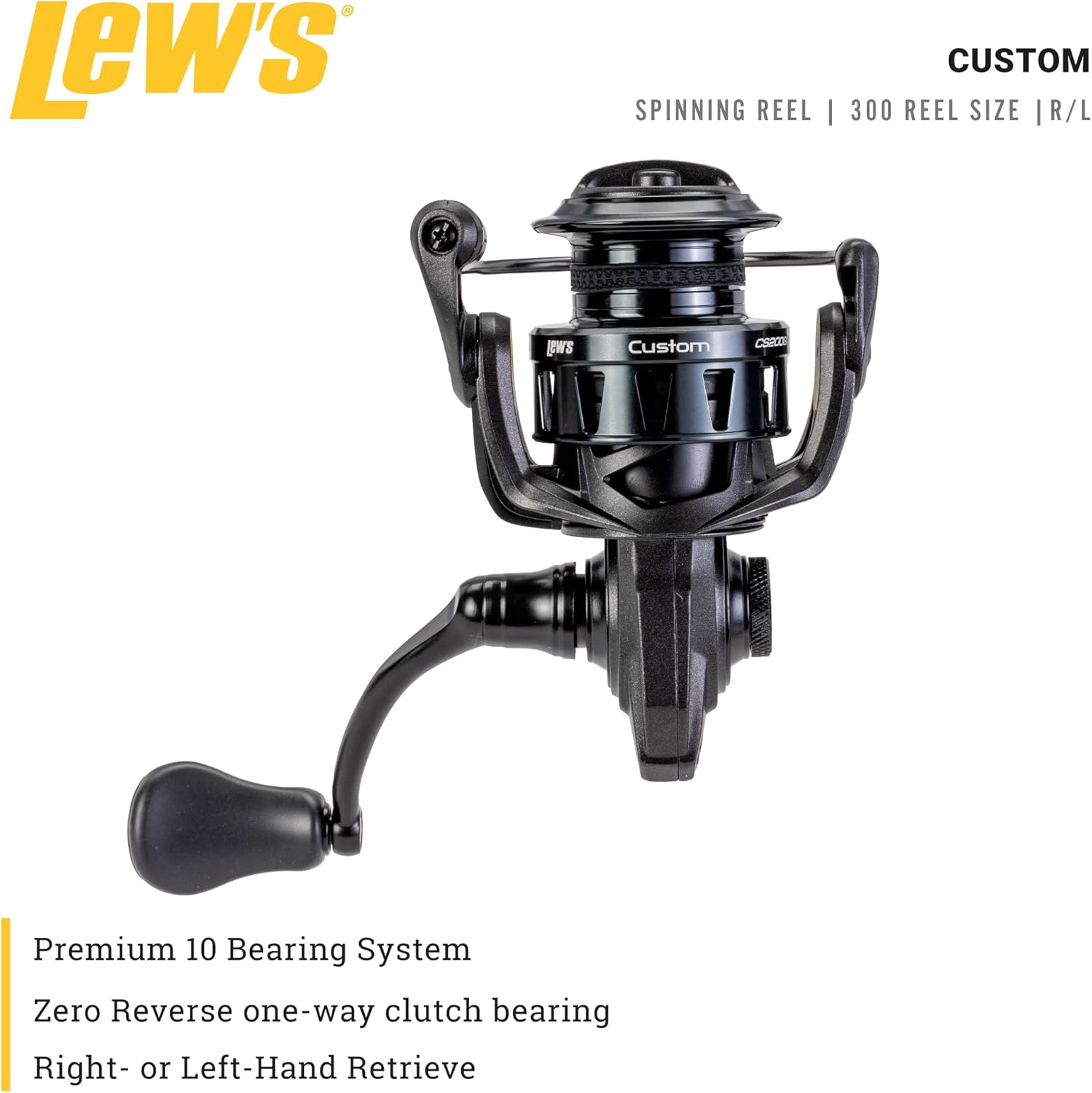 Lew's Custom Spinning Fishing Reel, 9+1 Bearings, Aluminum Frame and Sideplate, Screw-in Aluminum Handle, Speed Gears, Speed Lube, Black/Silver