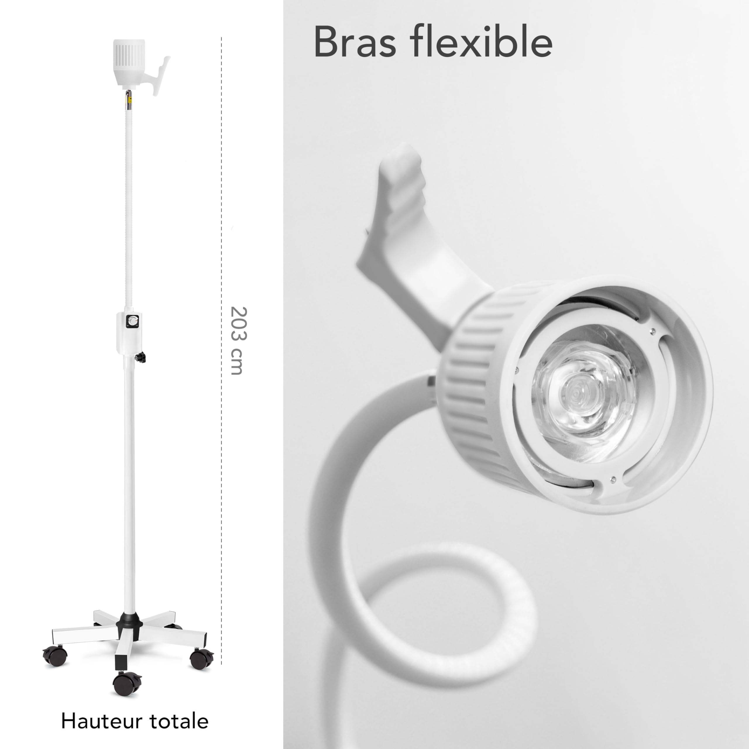 AIESI® Lampe d'examen médical à LED avec bras flexible sur pied avec roues pivotantes à usage médical, Articulation directionnel, Garantie 24 mois