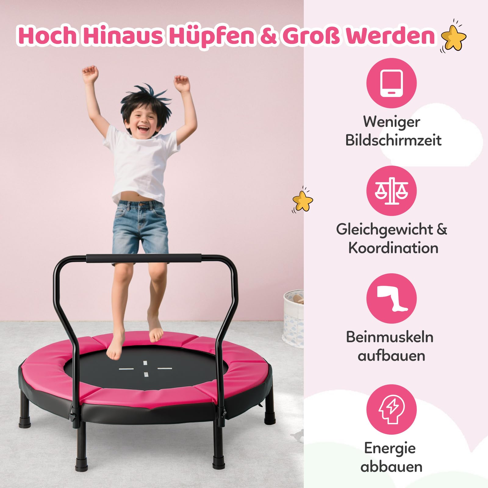 COSTWAY Ø102 cm Kinder Trampolin, Fitness-Trampolin Indoor mit Abnehmbarer Haltegriff, Minitrampolin bis 100 kg belastbar, Gartentrampolin Outdoor für 3-6 Jahre Kinder