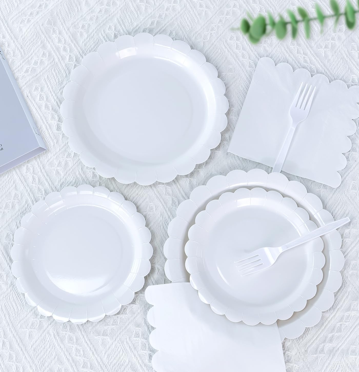96 Pcs White Plates and Napkins Party Supplies Serve 24 Guests Including White Scalloped Paper Plates and Napkins Plastic Forks for Baby Shower Birthday Party Disposable Dinnerware Set - Image 3