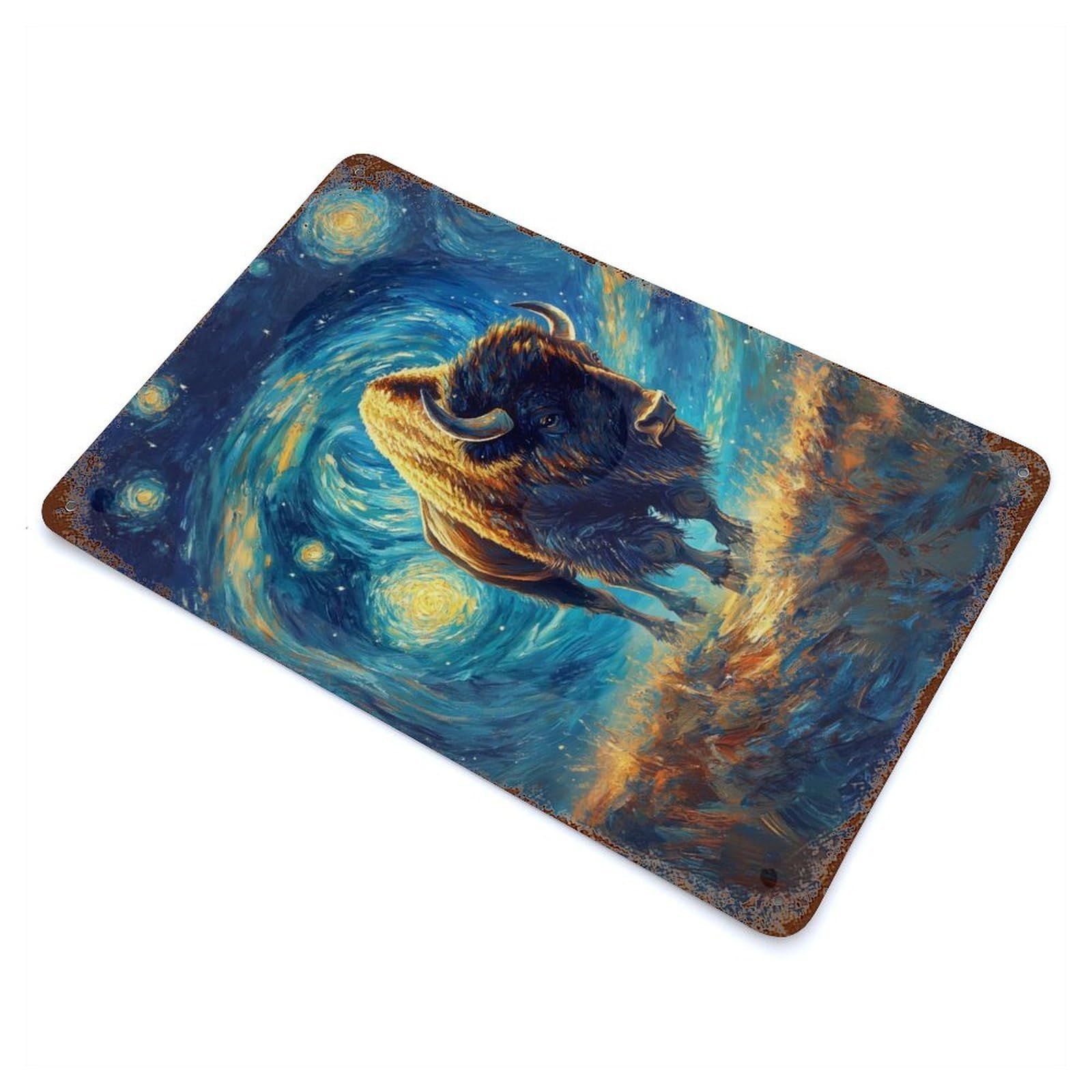 Bison in Starry Night Style Vintage Wall Sign 11.8"x7.9", Rust Effect Metal Decor for Bistro, Counter And Cafe Decor
