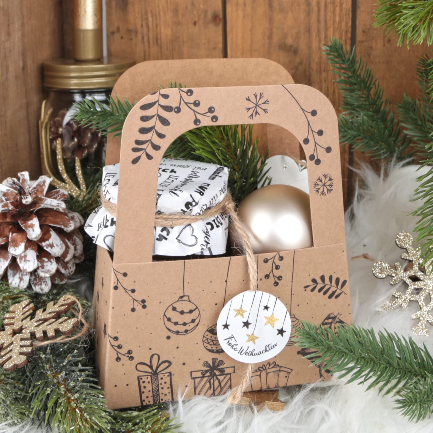 Logbuch-Verlag 25 cajas de Navidad con asa, embalaje de regalo, cesta para rellenar, 14,5 x 8 cm