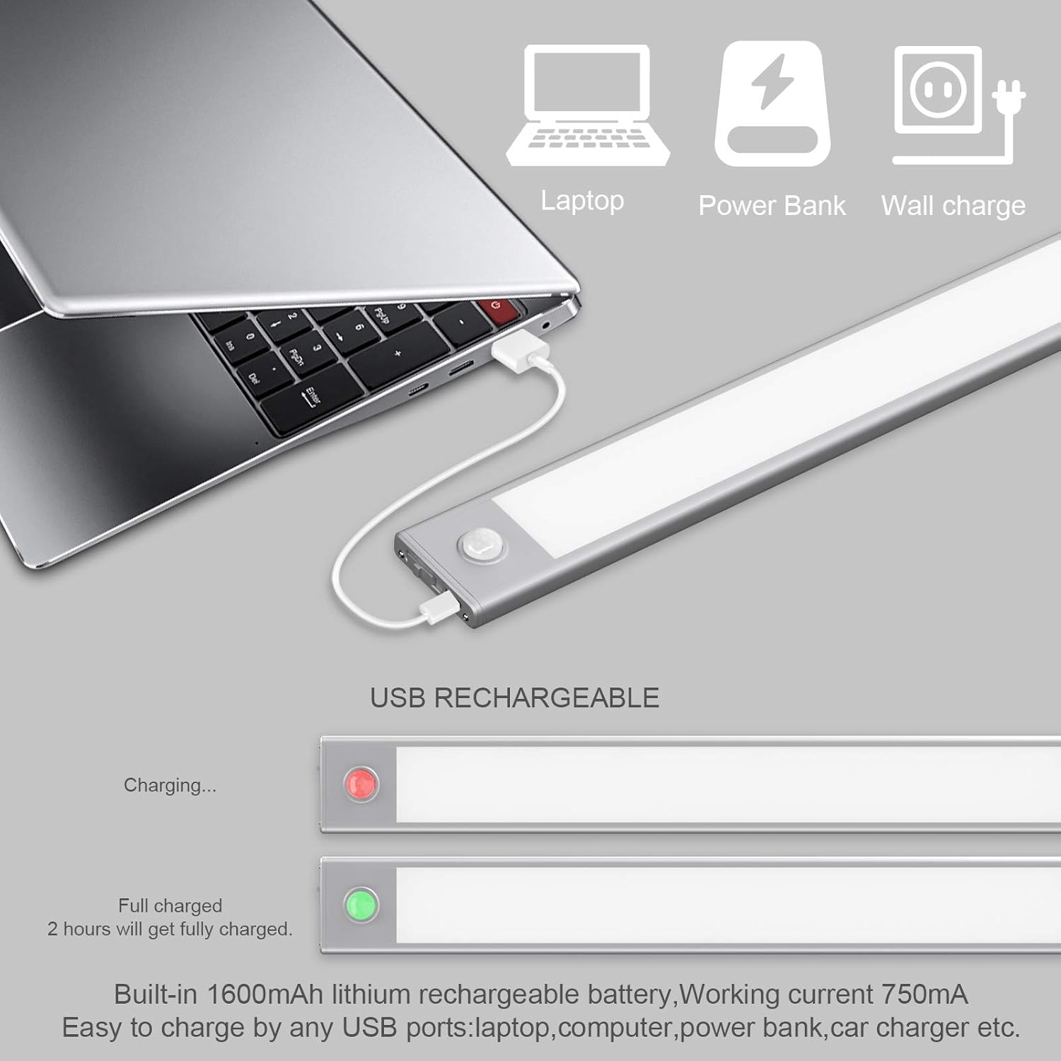 Flаѕh Dеаlѕ - 70% оƒƒ Tipace LED Under Cabinet Lighting 24 inch，Closet Lights Wireless Motion Sensor Light Rechargeable Cabinet Lights for Wardrobe,Closets,Cupboard,3000K (Silver 2 Pack）