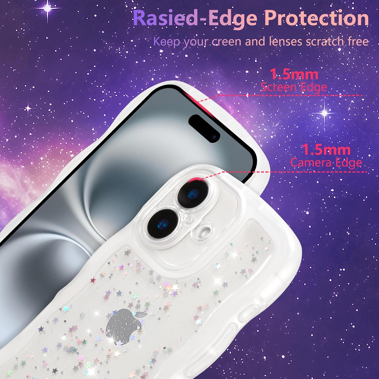 ZTOFERA for iPhone 16 Case 6.1",Cute Curly Wave Case with Star Glitter,Clear Shiny Bling Soft TPU Shockproof Phone Protecive Cover for Women Girls-White - Image 2