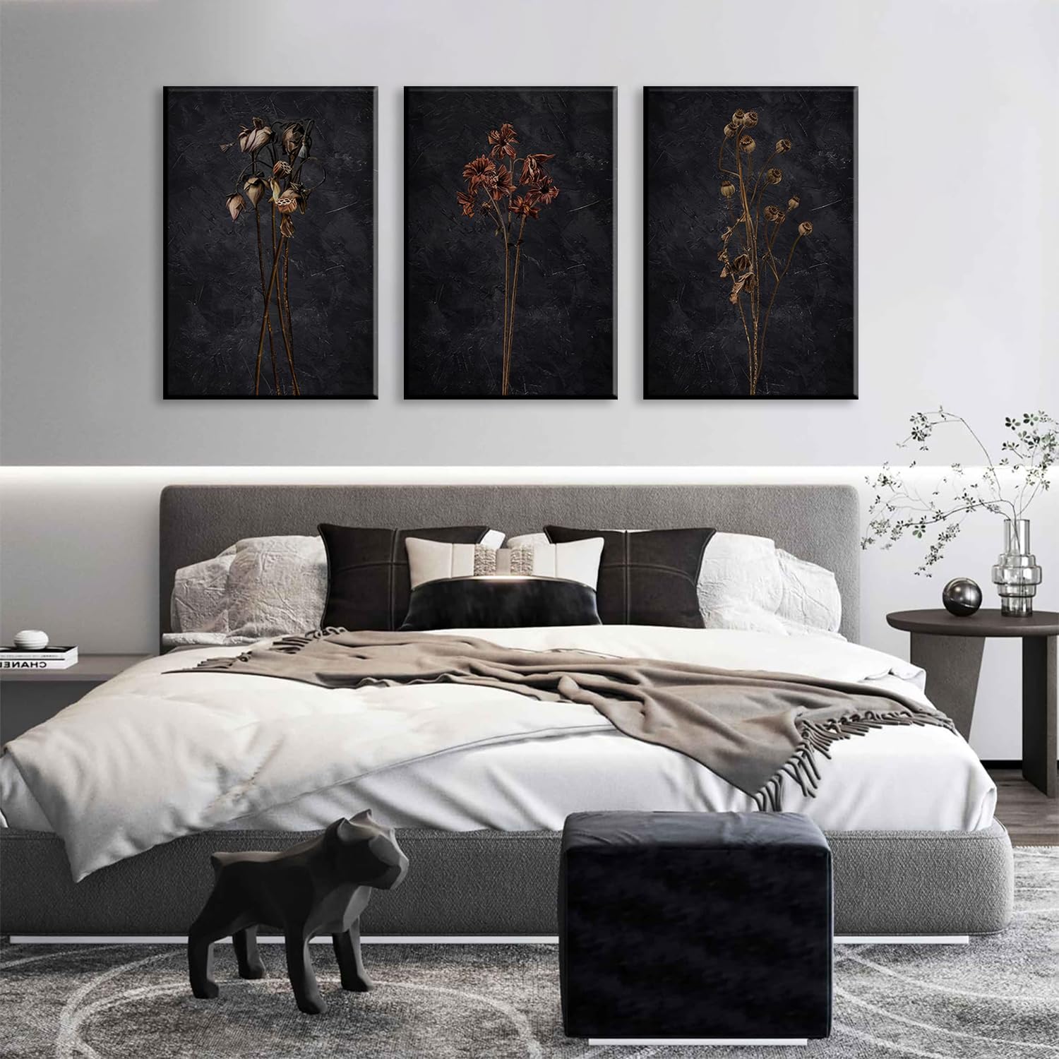 LYPHNX Framed Dark Moody Wildflowers Canvas Wall Art Black Vintage Dried Floral Wilderness Botanical Painting Poster Set of 3 Nature Prints Picture Wall decor for Living Room Bedroom Office 12"x16"