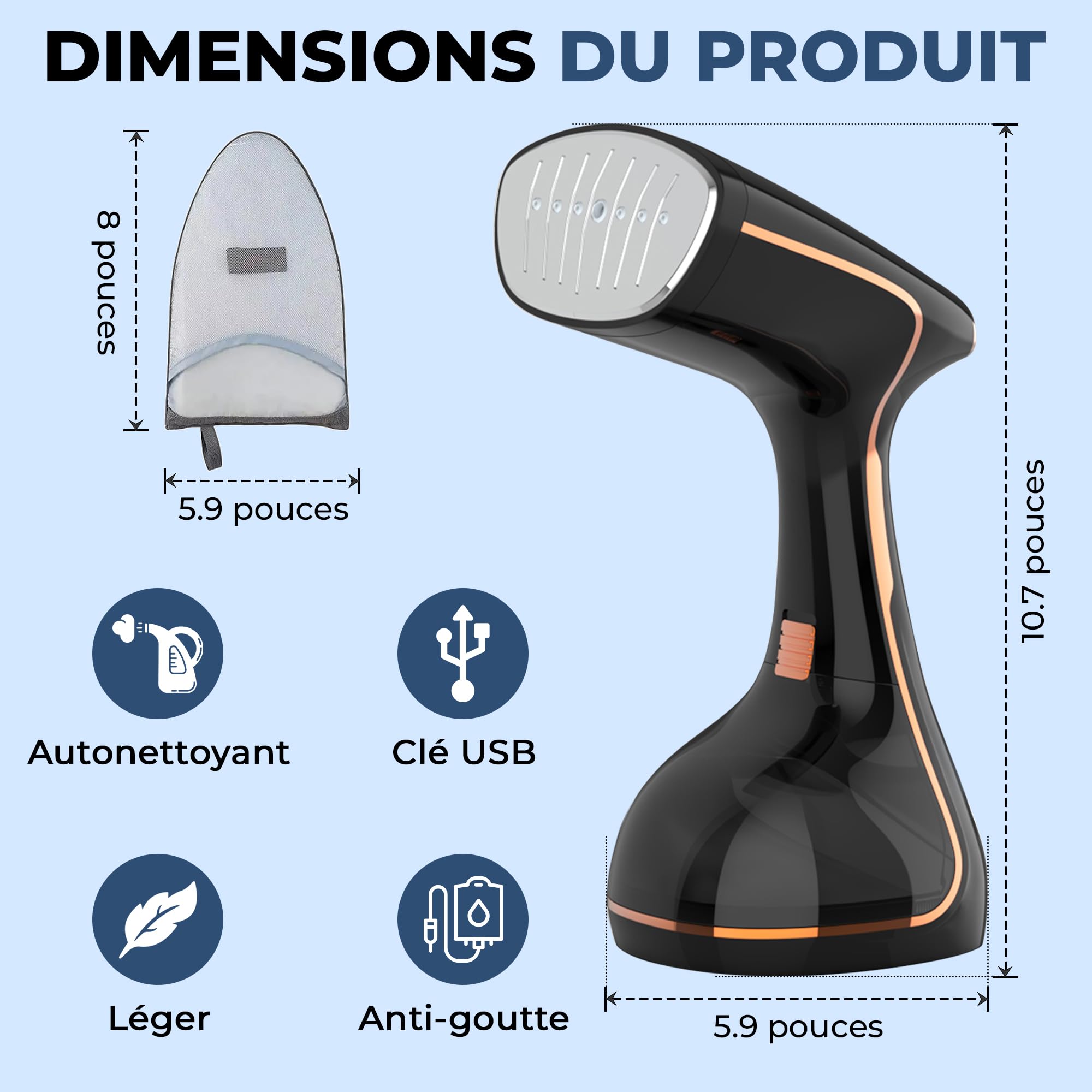 Défroisseur à Main 1800W – Défroisseur Vêtement Vapeur Vertical, Fer a Repasser Portable 2-en-1, Écran LCD, Réservoir 320 ml, Anti-Fuite, Maison, Bureau, Voyage ou cadeau.