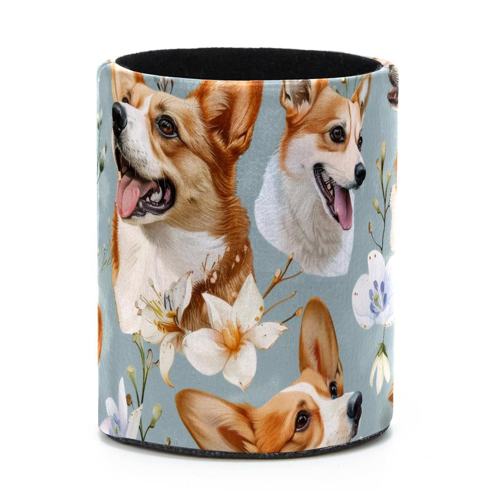 VAPOKF Round Pencil Holders for Desk, Corgi and Flowers Pen Holders Pen Pot Makeup Brushes Storage Desktop Stationery Supplies Organiser for Home Office