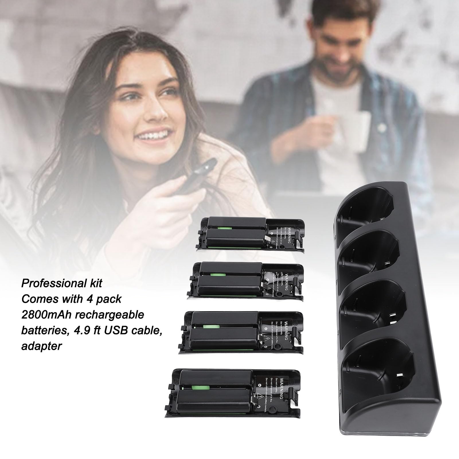 Wakects Estación de Carga Remota, Base de Carga para Controlador ABS con 4 Baterías Recargables de 2800 MAh, de 5 V, Configuración de 4 Controladores para Salas de Juegos Familiares y Reproductores