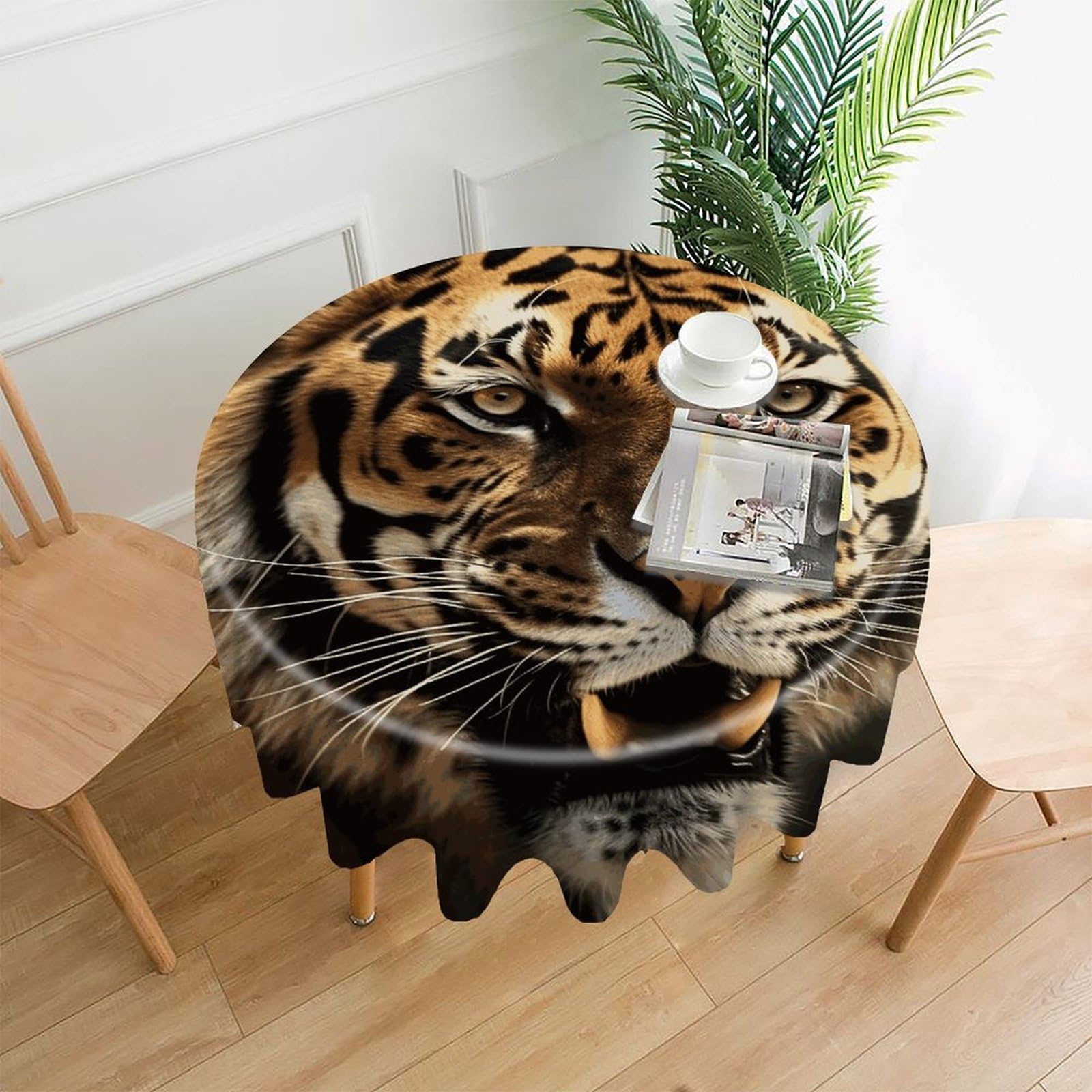FekiLoot Round Tiger Tablecloth Decorative Fabric Table Cloth Wrinkle Free Circle Dining Tablecover Washable Polyester Table Cover for Holiday Dinner Party Decor 60"