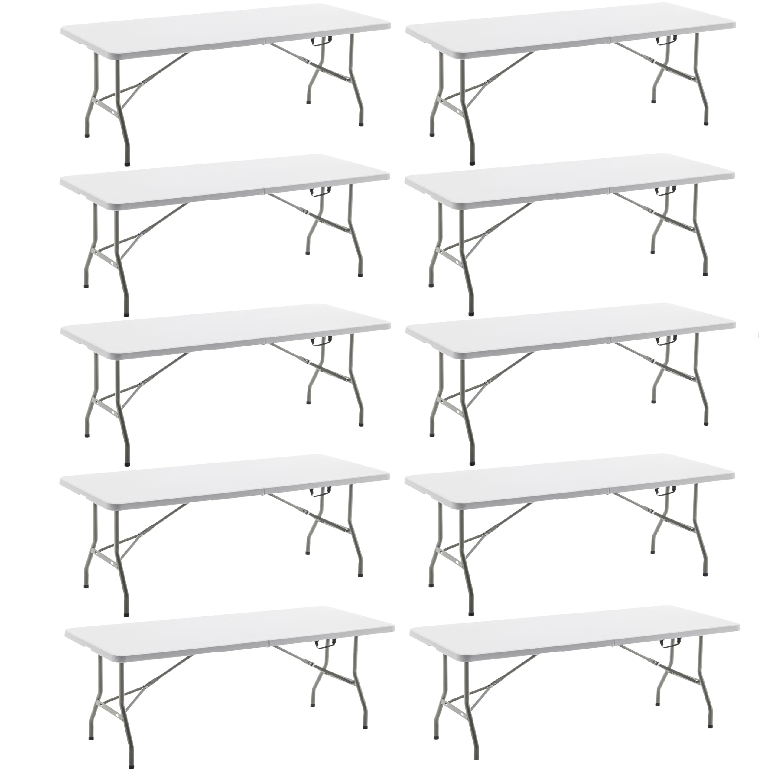 BTEXPERT Set of 10, Fold-in-Half Folding Utility Table 6 Feet 72" x 29.5" Lightweight Portable Carrying Handle Indoor Outdoor Picnic Camping Office Home Party Wedding Event White