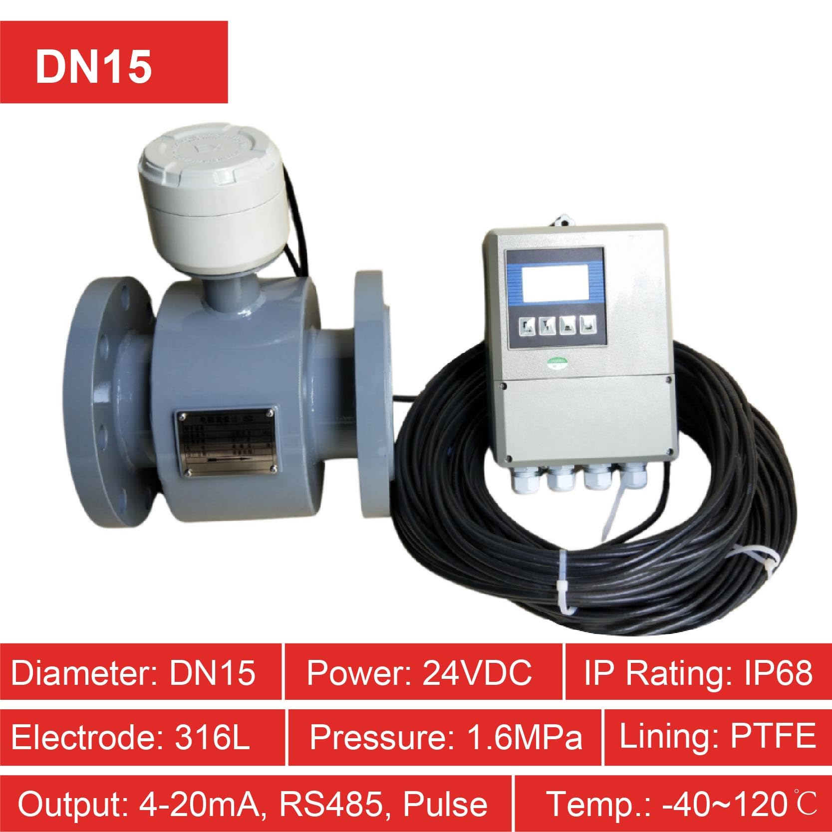 Caudalímetro electromagnético de tipo dividido IP68 for aguas residuales en tuberías de líquidos, medición digital inteligente de caudal industrial DN10-DN50 Fácil de controlar(DN15)