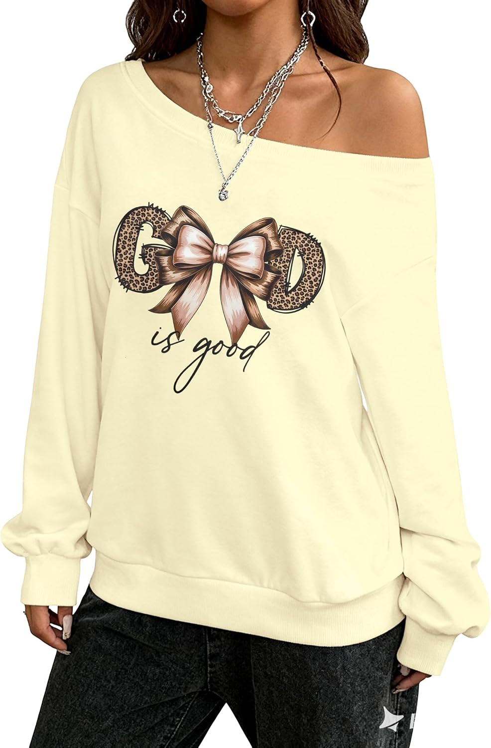 KIDDAD Leopard Bow Sweatshirt for Women Off the Shoulder Sweatshirts Y2k Graphic Shirt Fall Casual Long Sleeve Top