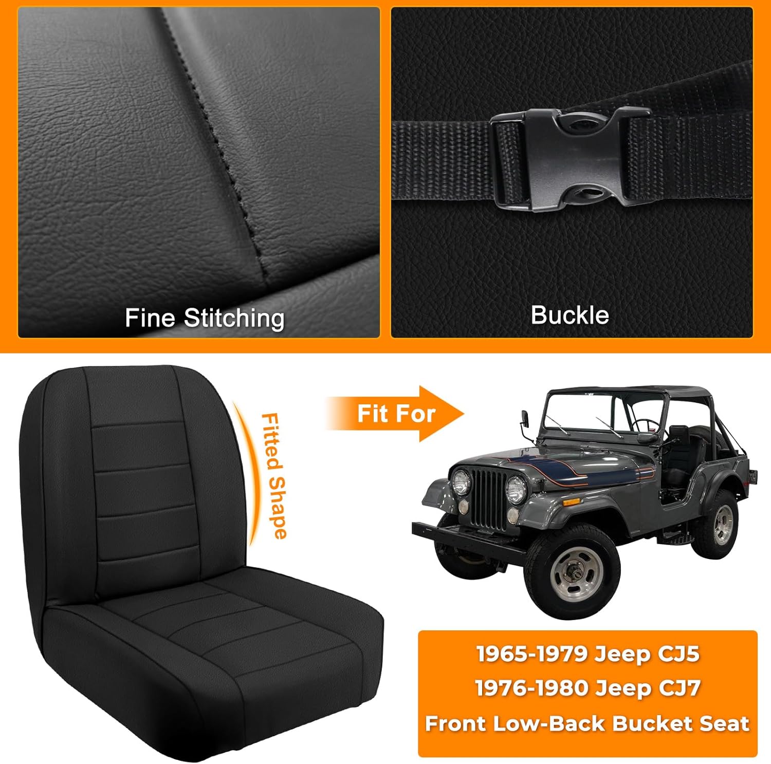 Driver & Passenger Seat Cover Compatible with 1965-1979 Jeep CJ5, 1976-1980 Jeep CJ7, Front Low-Back Bucket Seat