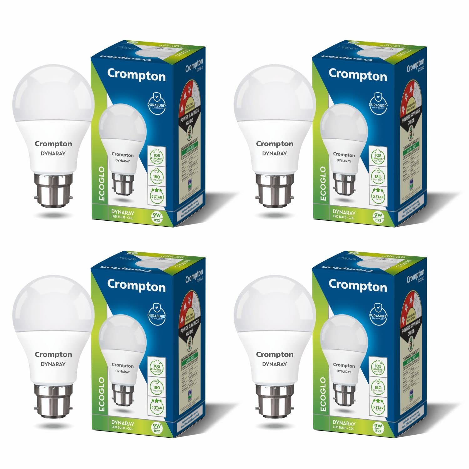 Crompton Dyna Ray LED Bulb | 9W | Cool Day Light | B22 Base | 180 Degree Coverage | 4kV Surge Protection | 440V High Voltage Protection | Pack of 4