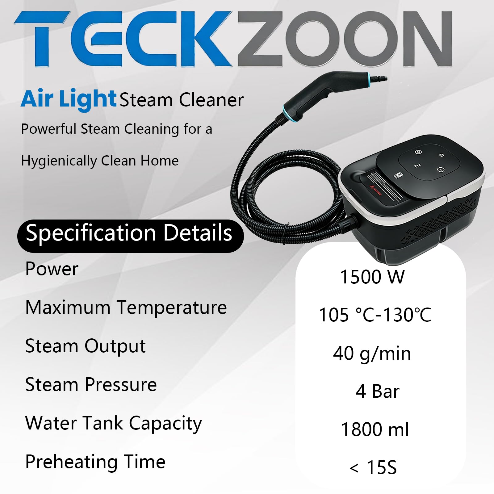 Limpiador a Vapor Portátil con 18 Accesorios, Depósito de 1,8 L, Calentamiento Rápido 15 s, Vapor 130 °C y 4 Bares, Limpiador Multifunción para Suelos, Cocina, Baño, Tapicerías y Ventanas