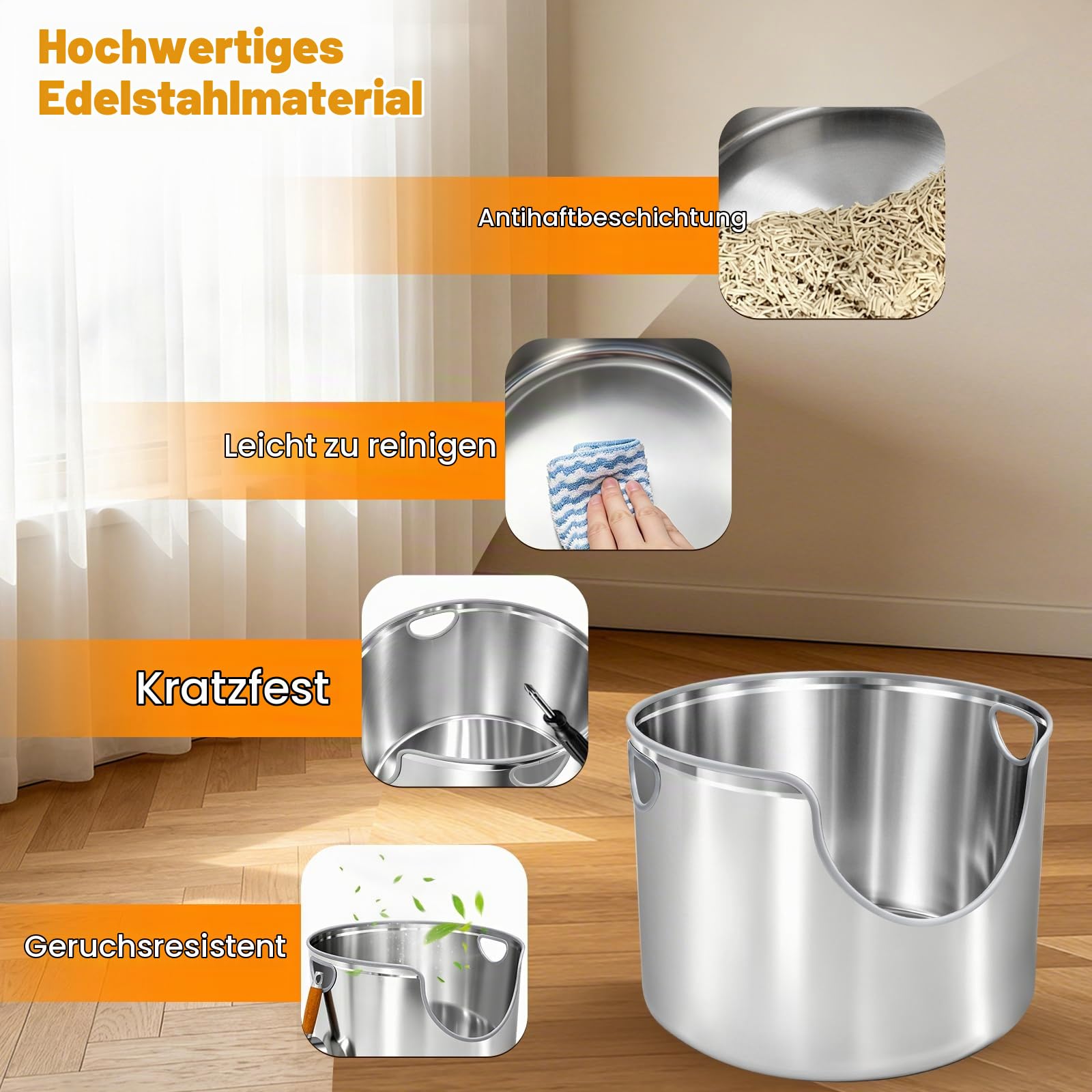 Homegroove Runde Edelstahl Katzentoilette, 45 cm Hohe Seiten Metall Katzenklo für Große Katzen, Auslaufsicher & Leicht zu Reinigen inkl. Metallschaufel (Edelstahl)