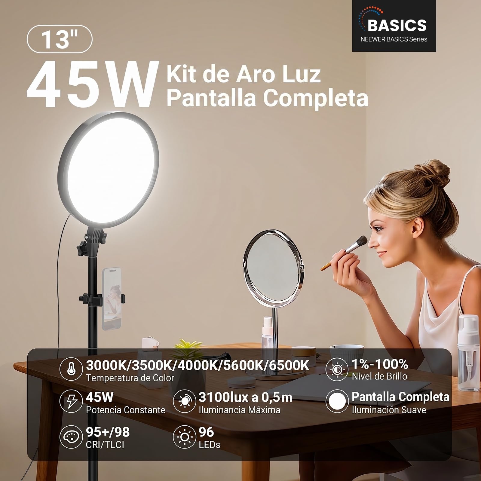 NEEWER Basics 13" 45W Gran Aro Foco con 66" Soporte, 3000K-6500K CRI95+ Full Screen LED Luz Panel con Phone Holder/Remoto para Grabación Video Selfies Streaming Maquillaje Fotografía Estudio, BR45B