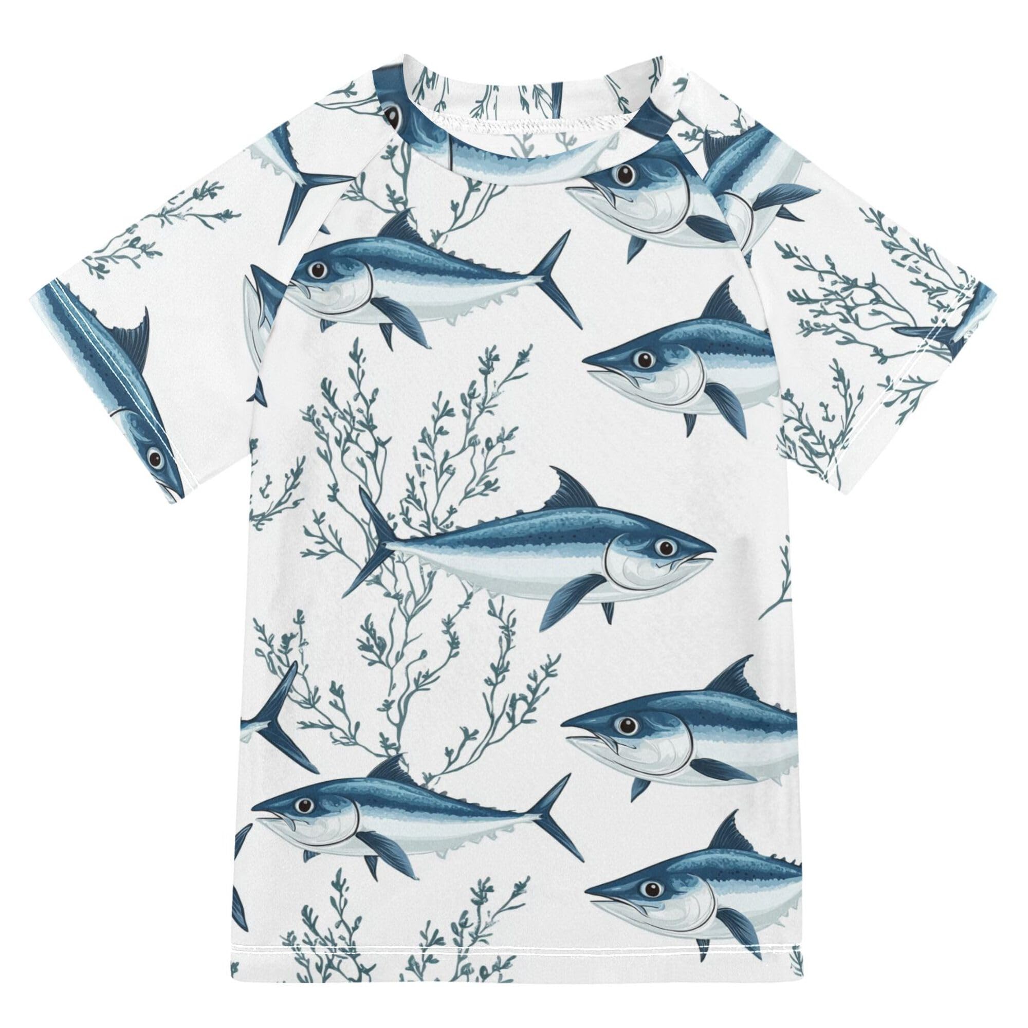 Cartoon Bluefin Tuna White Girls Bathing Suit UV Protection Rashguard Girls Swimwears Kids Sweatshirt for Youth Boys 9-10Y