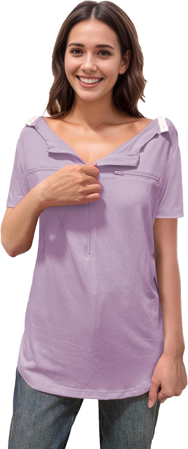 Chemo Port Shirts for Women 2 Side Snaps Short Sleeve Port Access Shirt Soft Dialysis Breast Cancer Recovery Clothing