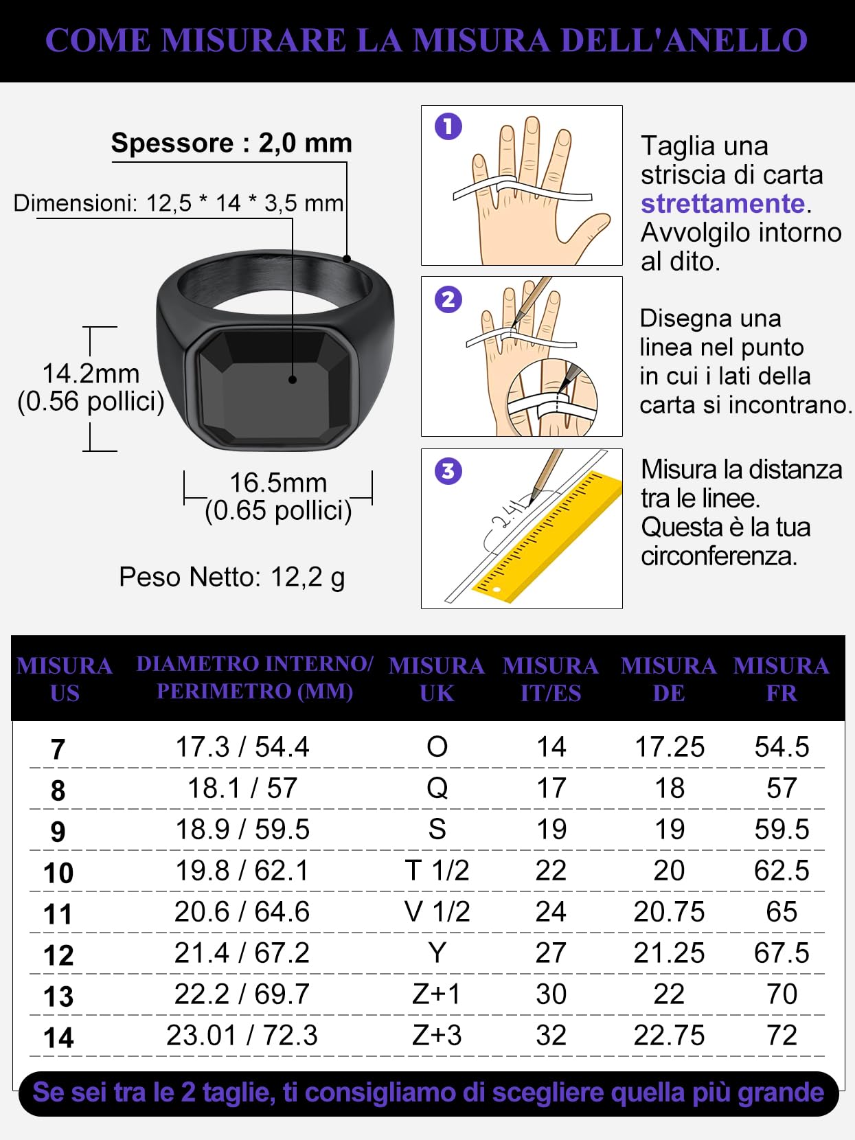 Richsteel Anello Uomo Argento Anello in Acciaio Inossidabile 316L Zircone Agata Nera Superficie Diamantata Quadrata Anello Taglia IT 14-27 Regalo Compleanno Impermeabile e Antiallergico